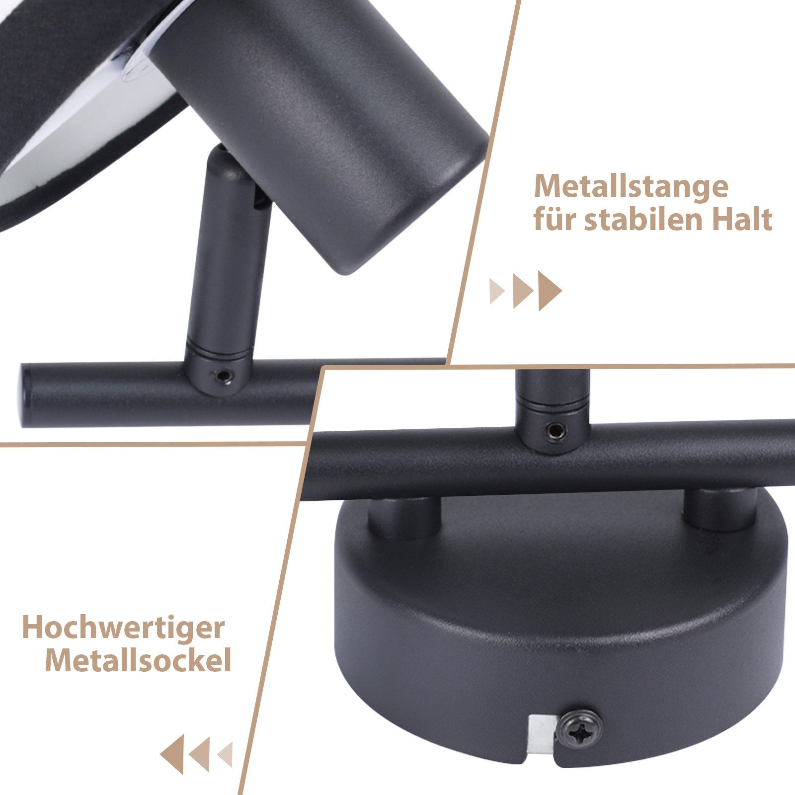 Primo piano di una lampada in metallo nero con testa e base cilindriche. Testo in tedesco.
