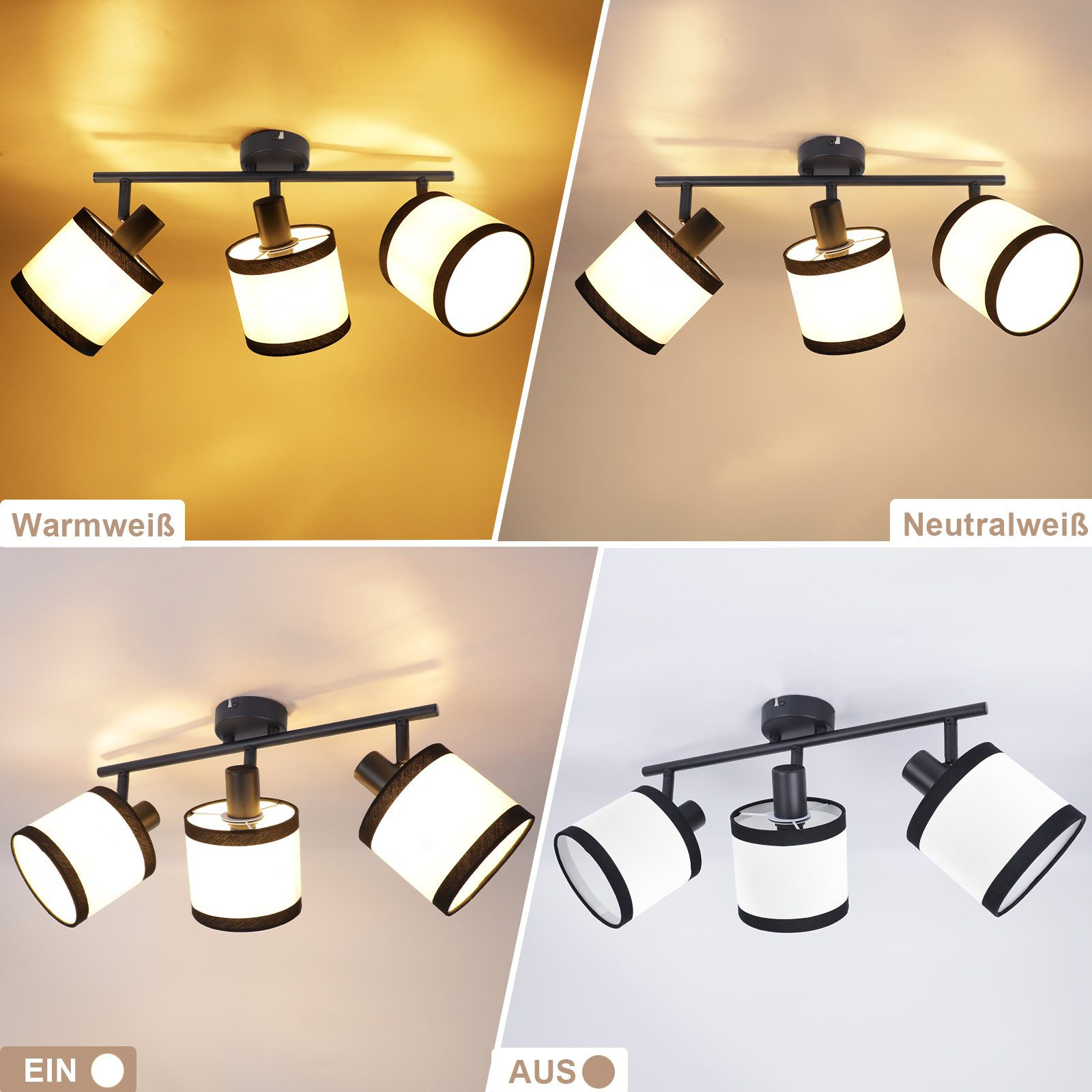 Faretto da soffitto con tre teste regolabili. Ognuno ha un paralume bianco con bordo nero, montato su un telaio in metallo nero.