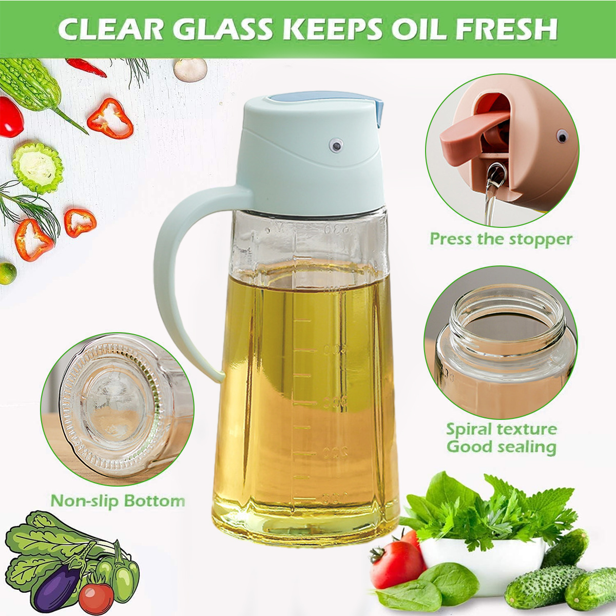 Klare Glasölflasche mit Öl. Sie hat einen rutschfesten Boden und einen Verschluss. Gemüse und Kräuter sind im Hintergrund.