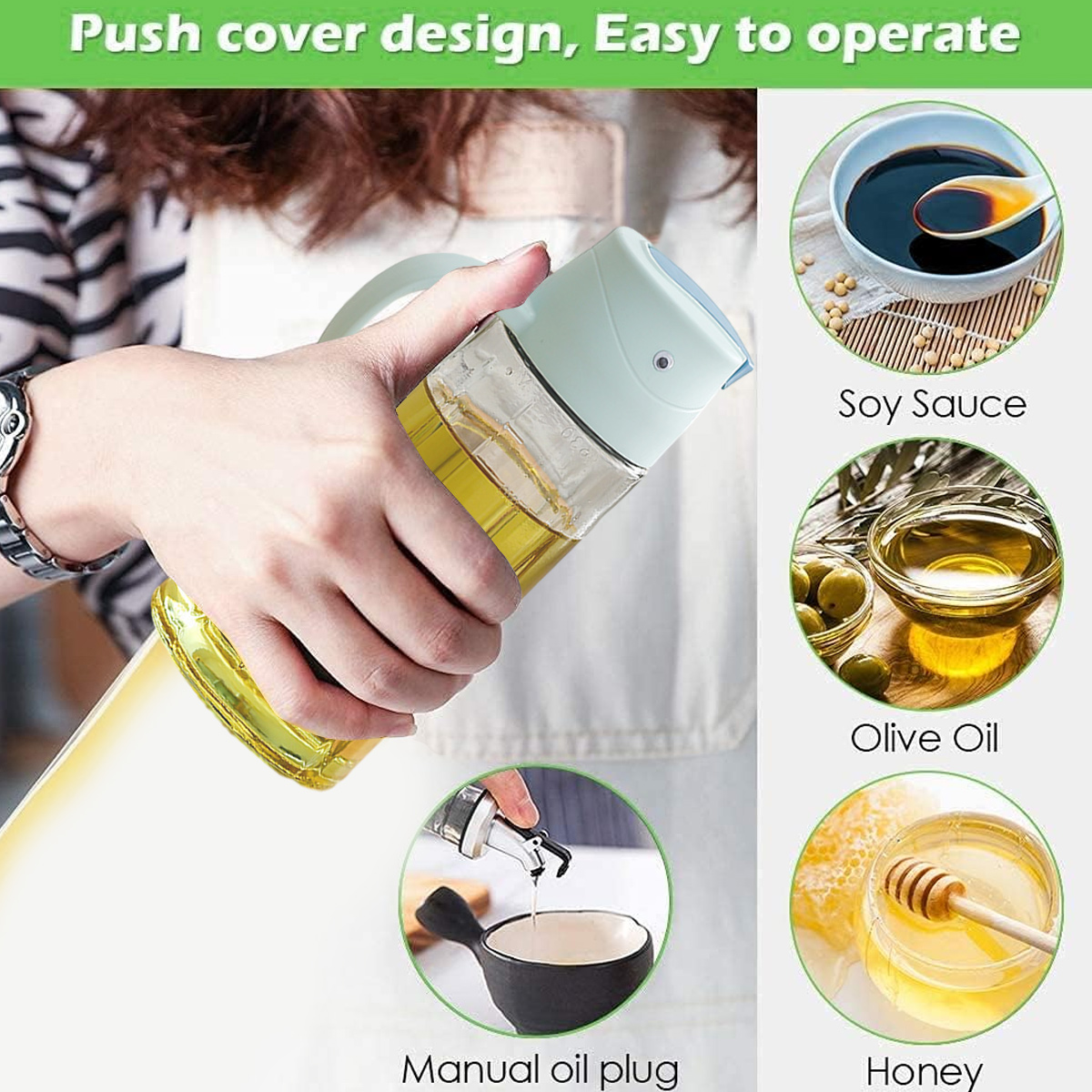Eine Person hält einen Öldosierer. Sojasauce, Olivenöl und Honig werden gezeigt. Der Spender hat ein Push-Cover-Design.