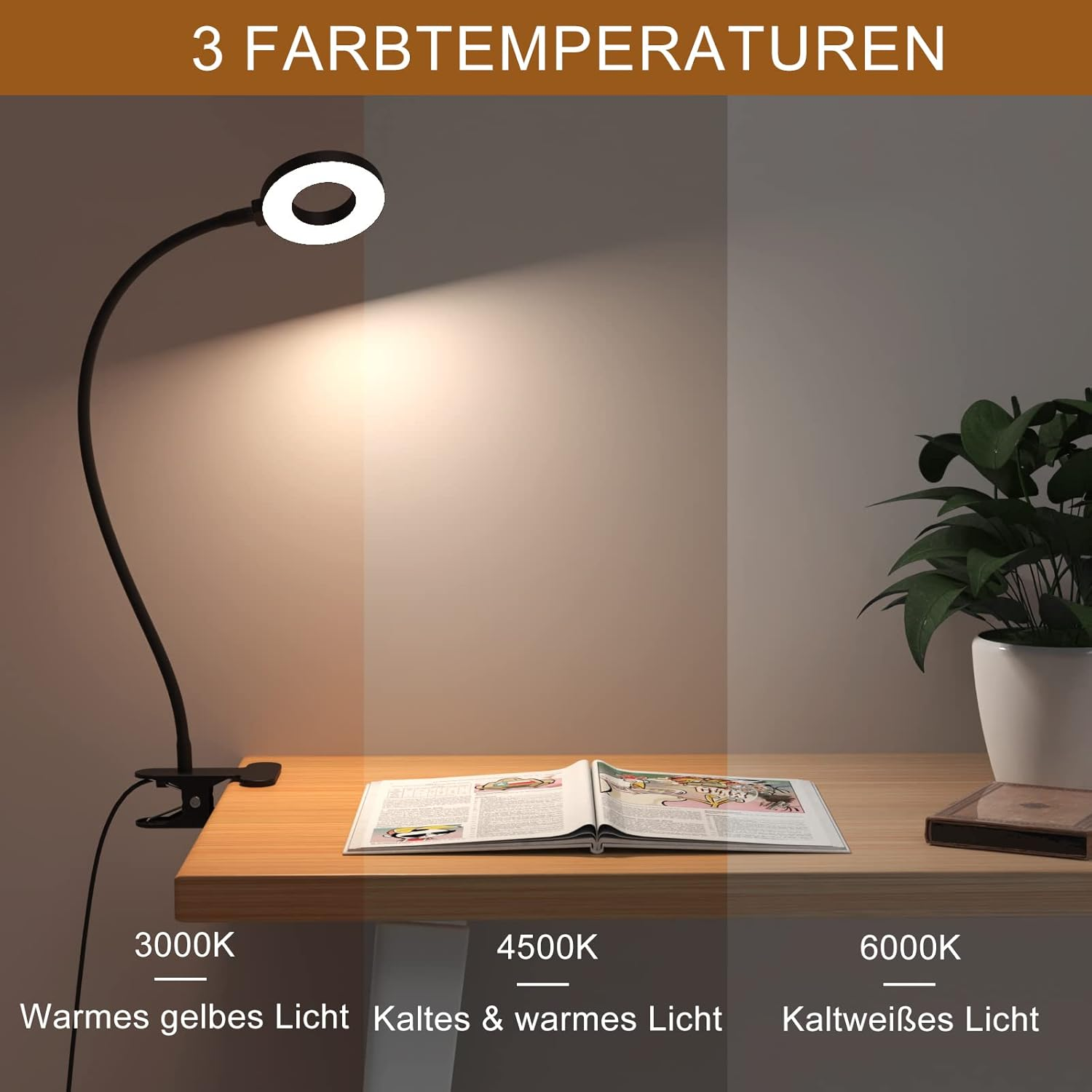 Eine Schreibtischlampe mit verschiedenen Lichttemperaturen beleuchtet einen Schreibtisch mit Buch und Pflanze. Der Hintergrund zeigt Farbverläufe.