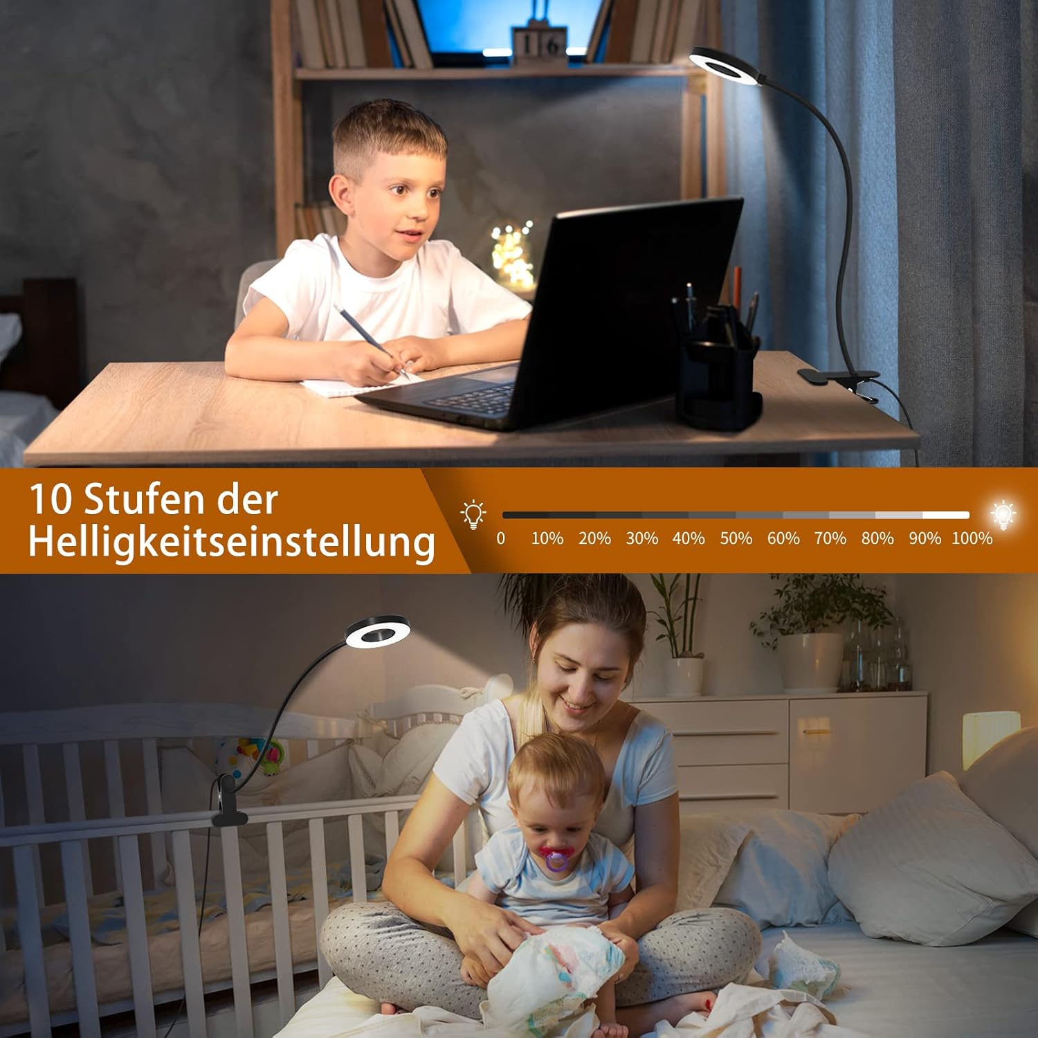 Das Bild zeigt einen Jungen, der einen Laptop benutzt, und eine Frau mit einem Baby. Beide werden von verstellbaren Lampen beleuchtet.
