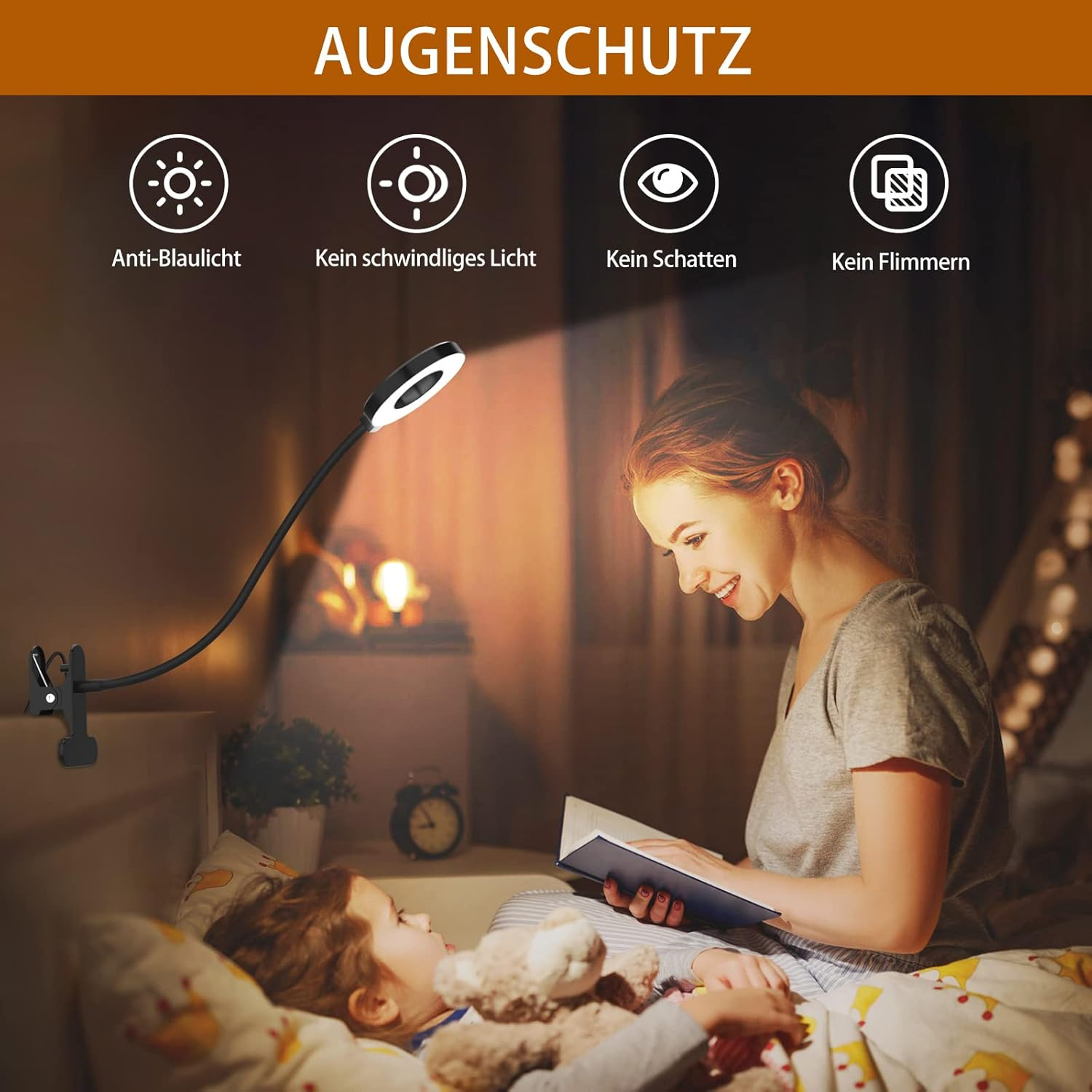 Eine Frau liest einem Kind im Bett vor. Über dem Bett befindet sich eine flexible Lampe. Die Überschrift lautet: Augenschutz.