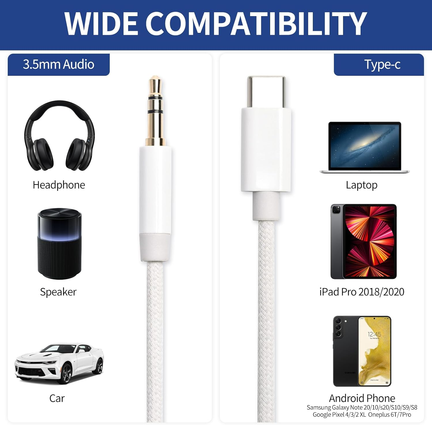 Das Bild zeigt 3,5-mm-Audio- und Typ-C-Kabel mit Kopfhörer, Lautsprecher, Auto, Laptop, iPad und Android-Telefon-Beispielen. Breite Kompatibilität.