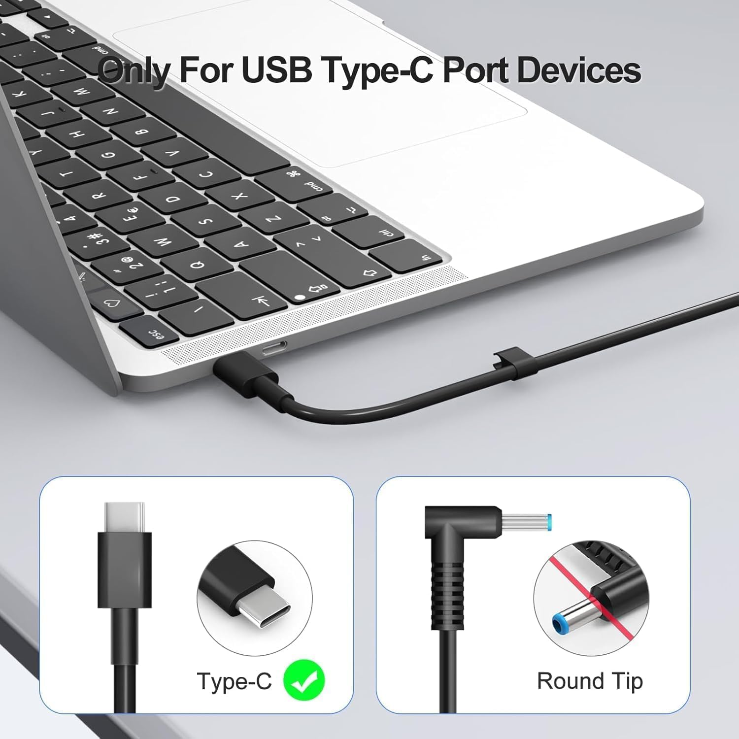 Laptop mit eingestecktem USB-C-Kabel. Darunter Diagramme eines USB-C-Kabels (zugelassen) und eines Rundsteckerkabels (abgelehnt).