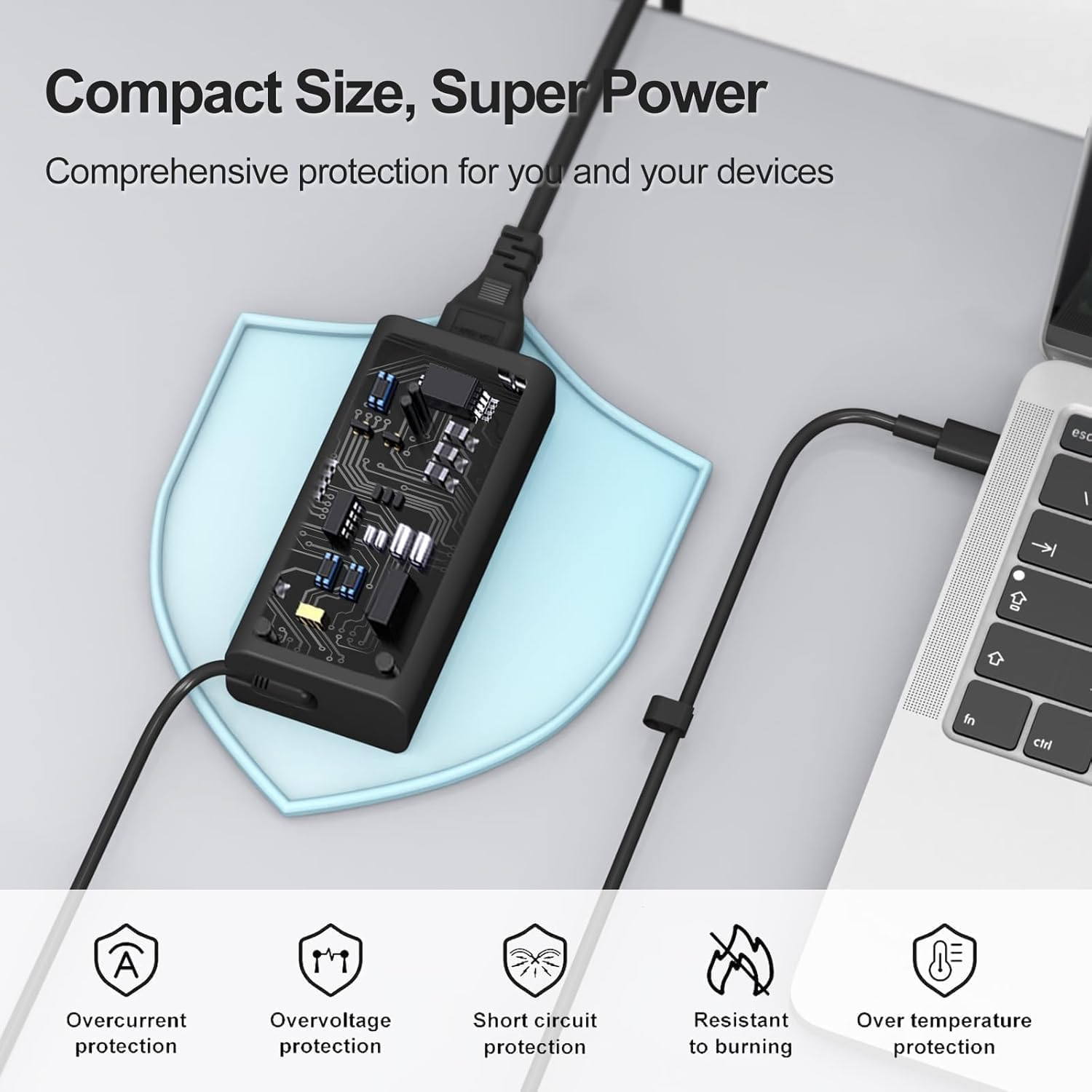 Schwarzes Netzteil mit Schaltkreisen, an einen Laptop angeschlossen. Text: Kompakte Größe, Super Power. Schutzfunktionen.