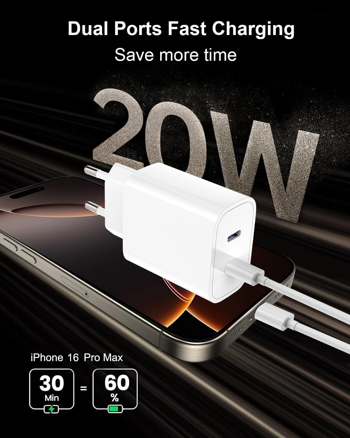 Ein weißes Ladegerät mit zwei Anschlüssen ist an ein Telefon angeschlossen. Text zeigt schnelles Laden: 30 Min. = 60 %.