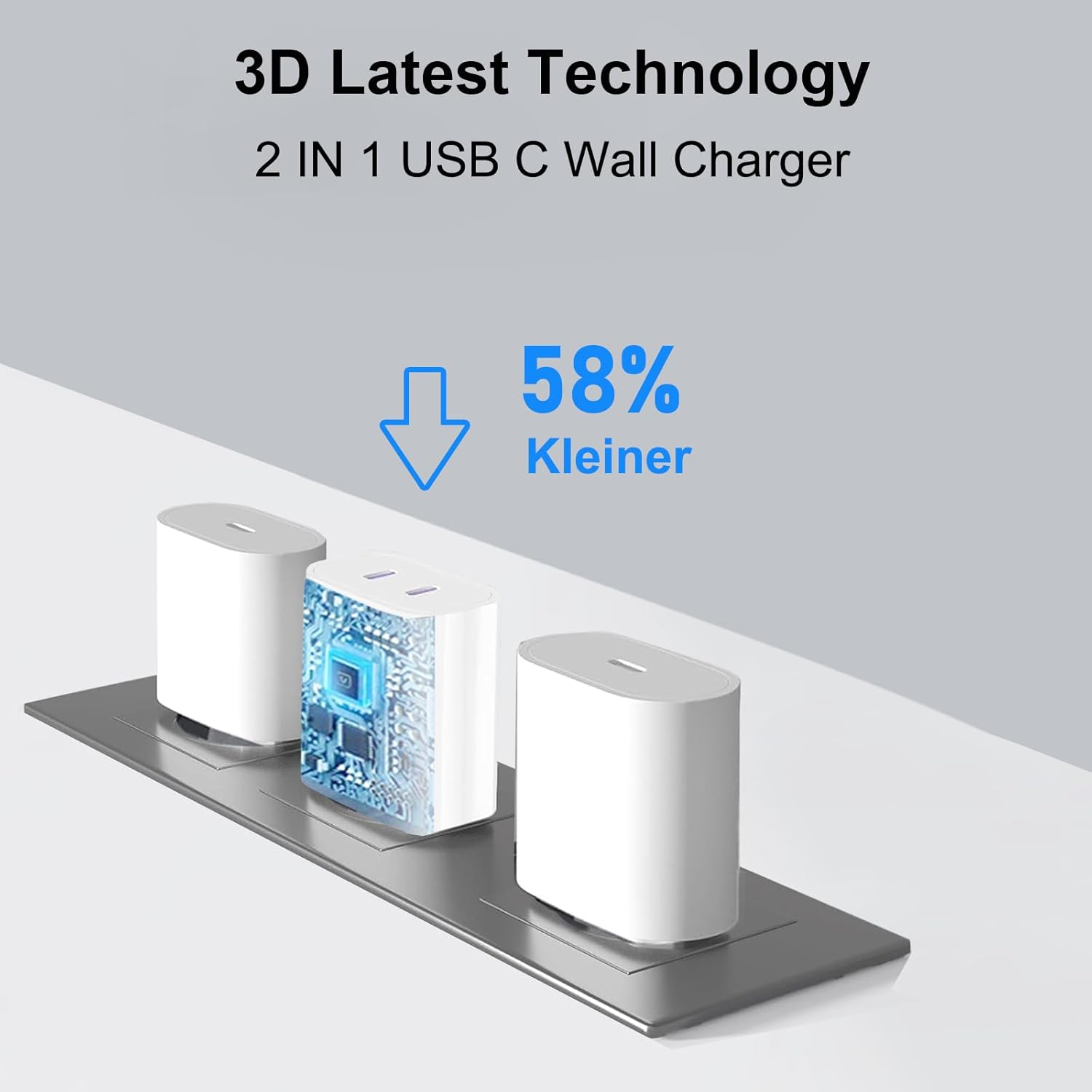 Das Bild zeigt drei weiße USB-Ladegeräte auf einer silbernen Basis mit Text: 3D-Neueste Technologie, 2 in 1 USB C-Wandladegerät, 58% kleiner.