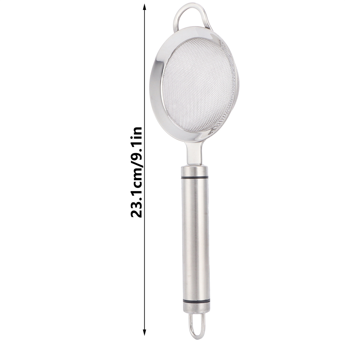 Ein Küchensieb aus Edelstahl mit Maschenkopf und langem Griff. Die Größe ist mit 23,1 cm/9,1 Zoll angegeben.