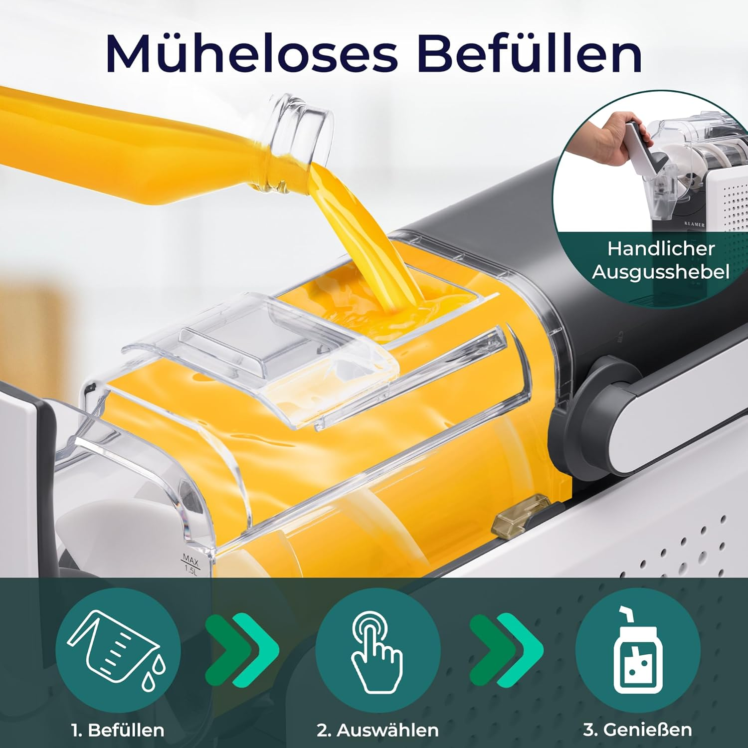 Orangensaft wird aus einer Flasche in einen Entsafter gegossen. Das Bild zeigt die Komponenten des Entsafters und die Schritte: füllen, auswählen, genießen.