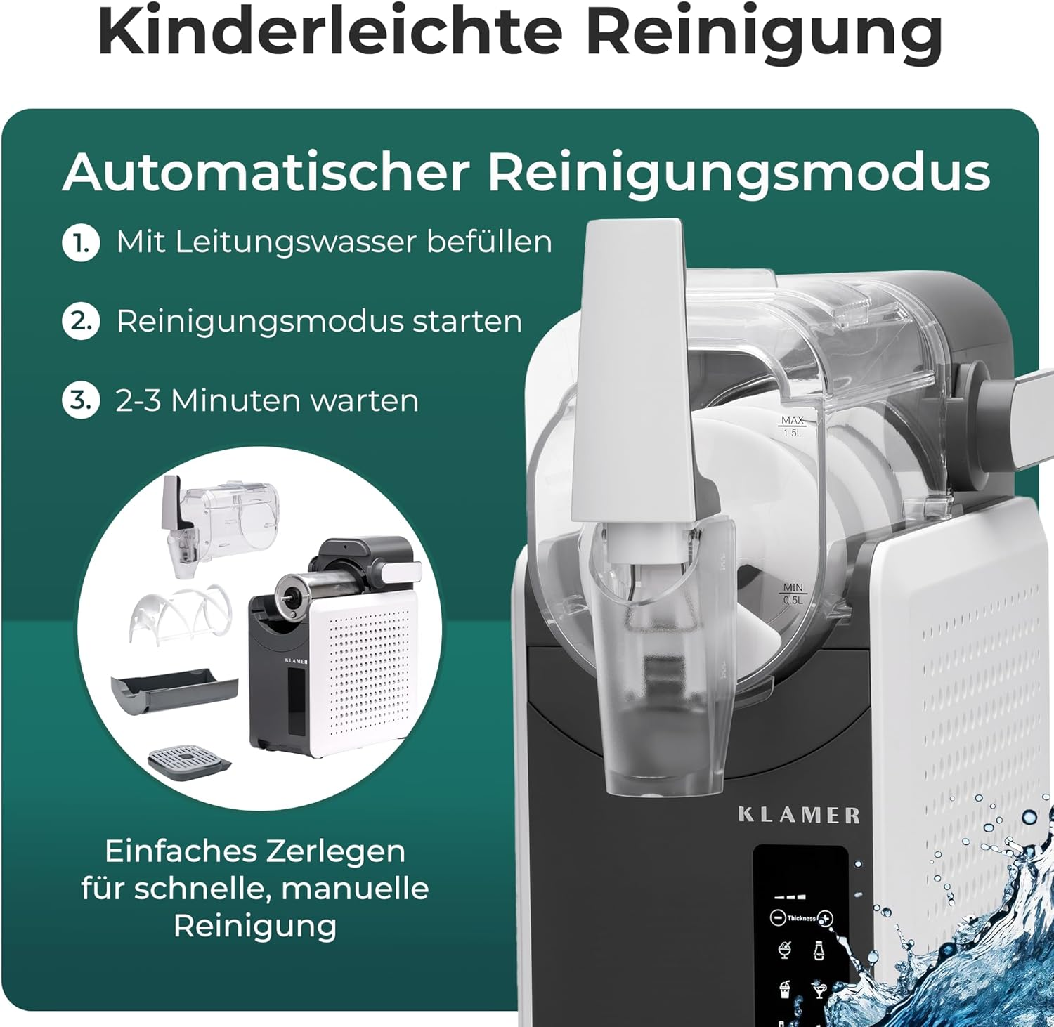 Ein weißes und schwarzes Gerät mit transparentem Wasserbehälter und ein Diagramm, das den Reinigungsprozess zeigt. Der Markenname ist KLAMER.