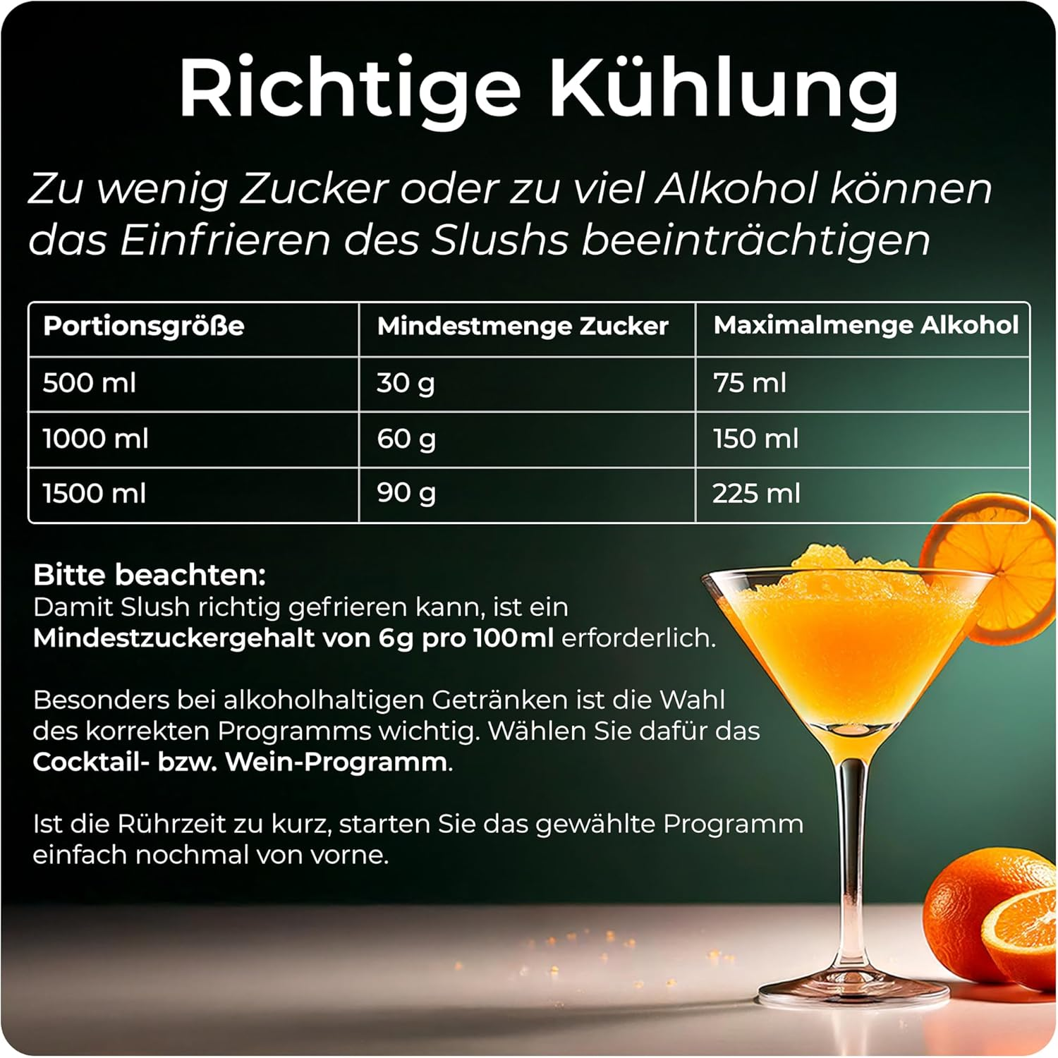 Das Bild zeigt ein Cocktailglas mit orangenem Slush, Orangen und einen Tisch mit Text über das Einfrieren von Slush.