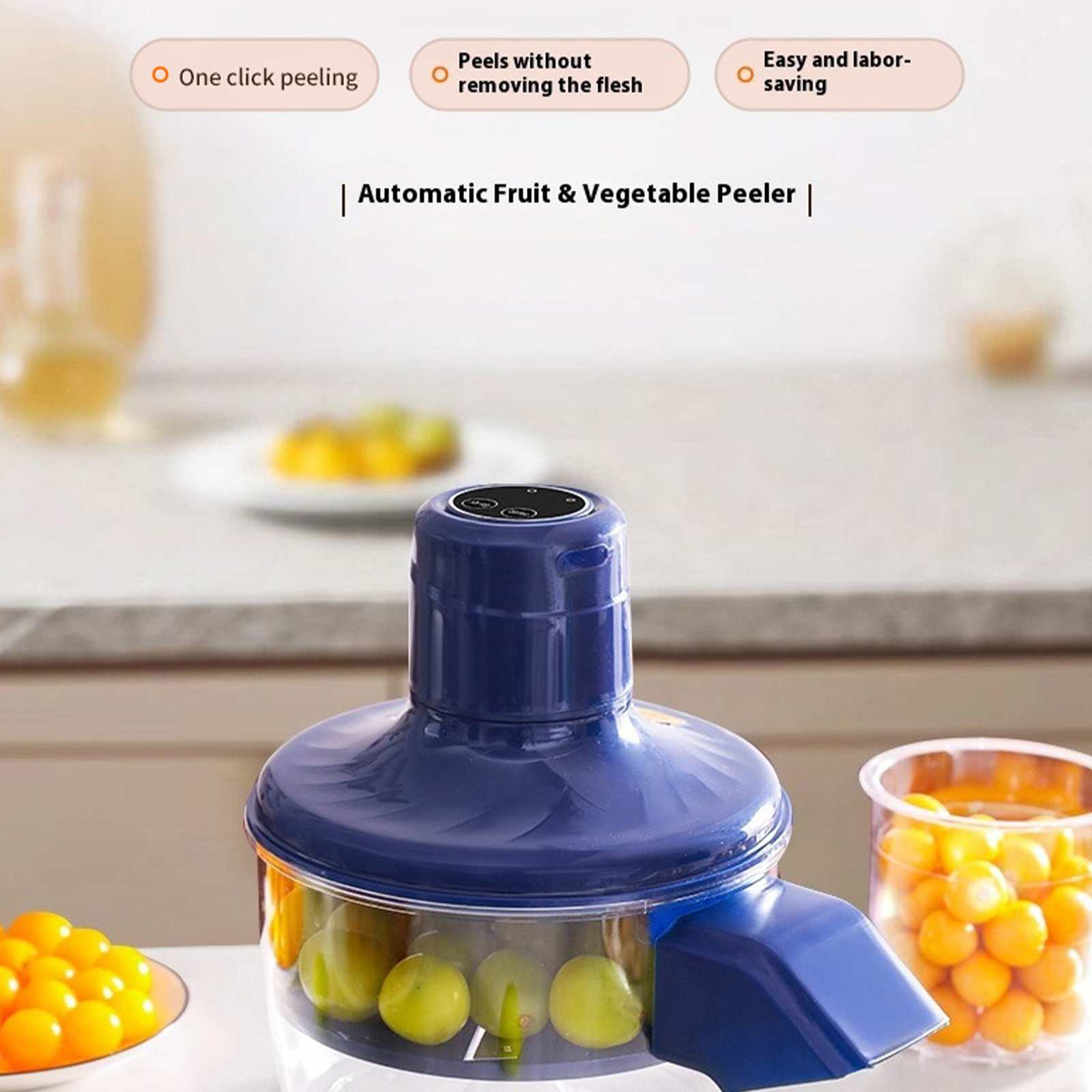 Ein automatischer Obst- und Gemüseschäler. Er ist blau und hat einen transparenten Behälter mit grünen Früchten. Gelbe Früchte sind im Vordergrund.
