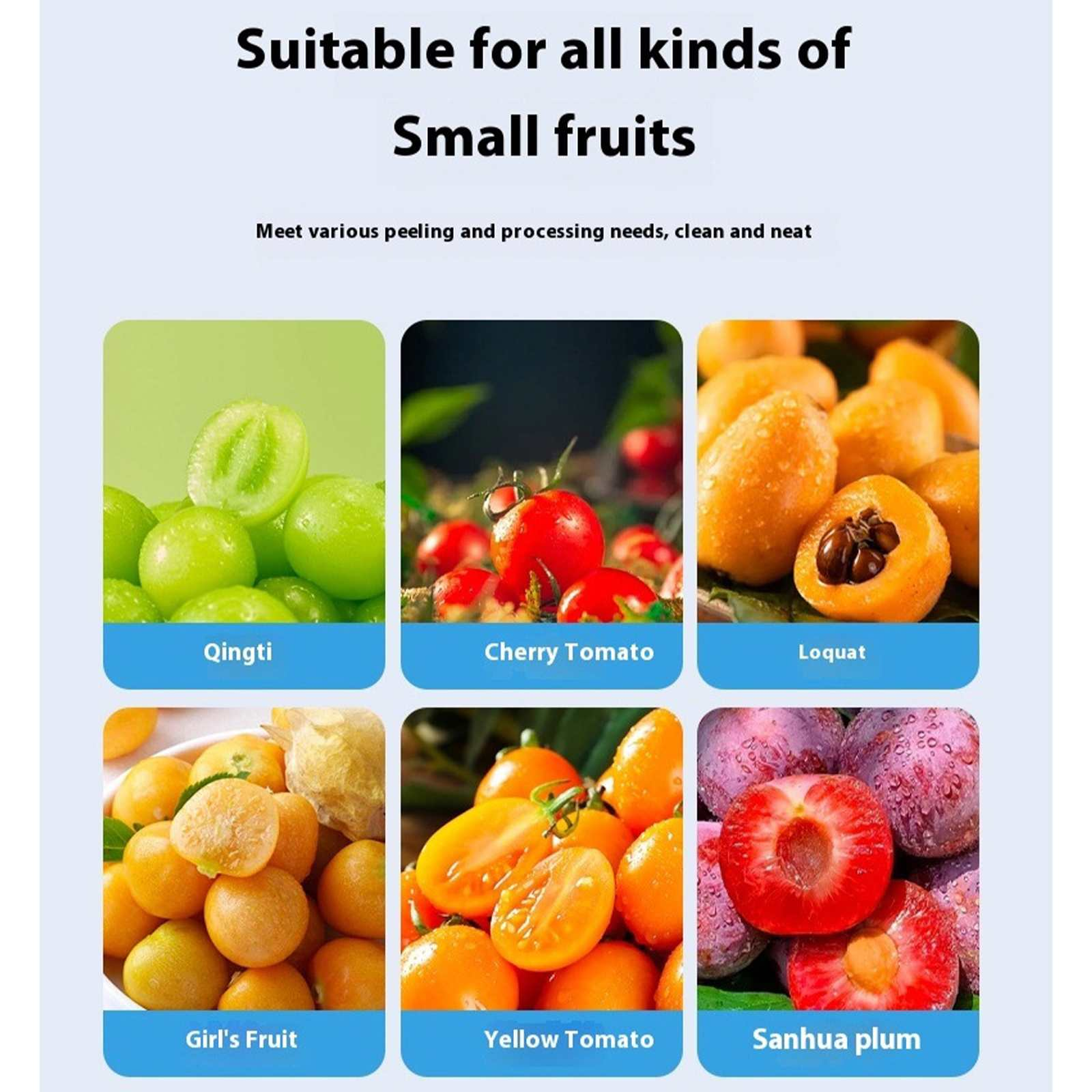 Das Bild zeigt verschiedene Früchte: Qingti, Cherry-Tomate, Loquat, Mädchenfrucht, gelbe Tomate und Sanhua-Pflaume.