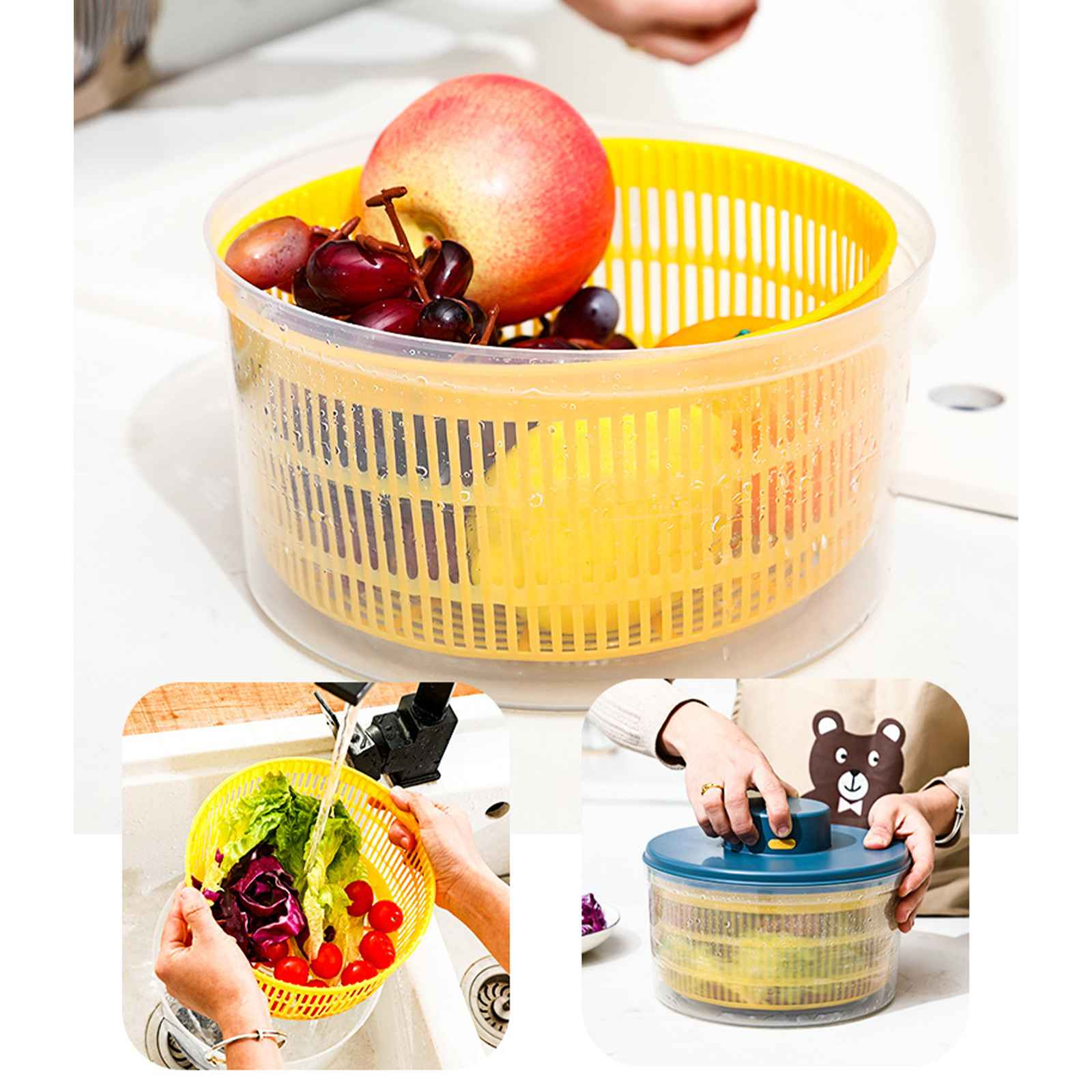 Salatschleuder mit Apfel und Trauben. Person benutzt sie. Szene mit Gemüse im Waschbecken.