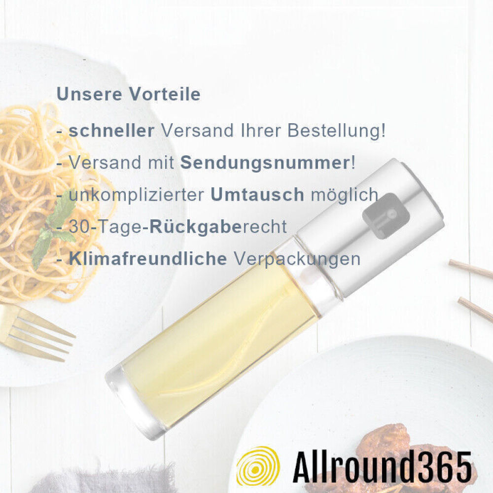 Eine Sprühflasche mit Öl liegt auf einer weißen Oberfläche mit Speisetellern, Text und dem Allround365-Logo.