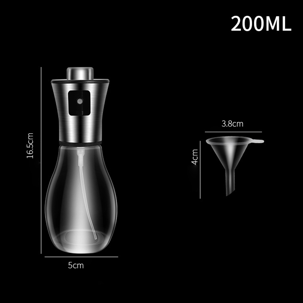 Anatomie eines Ölsprühers. Es umfasst eine klare Flasche, einen metallischen Deckel und einen kleinen Trichter. Abmessungen sind angegeben.