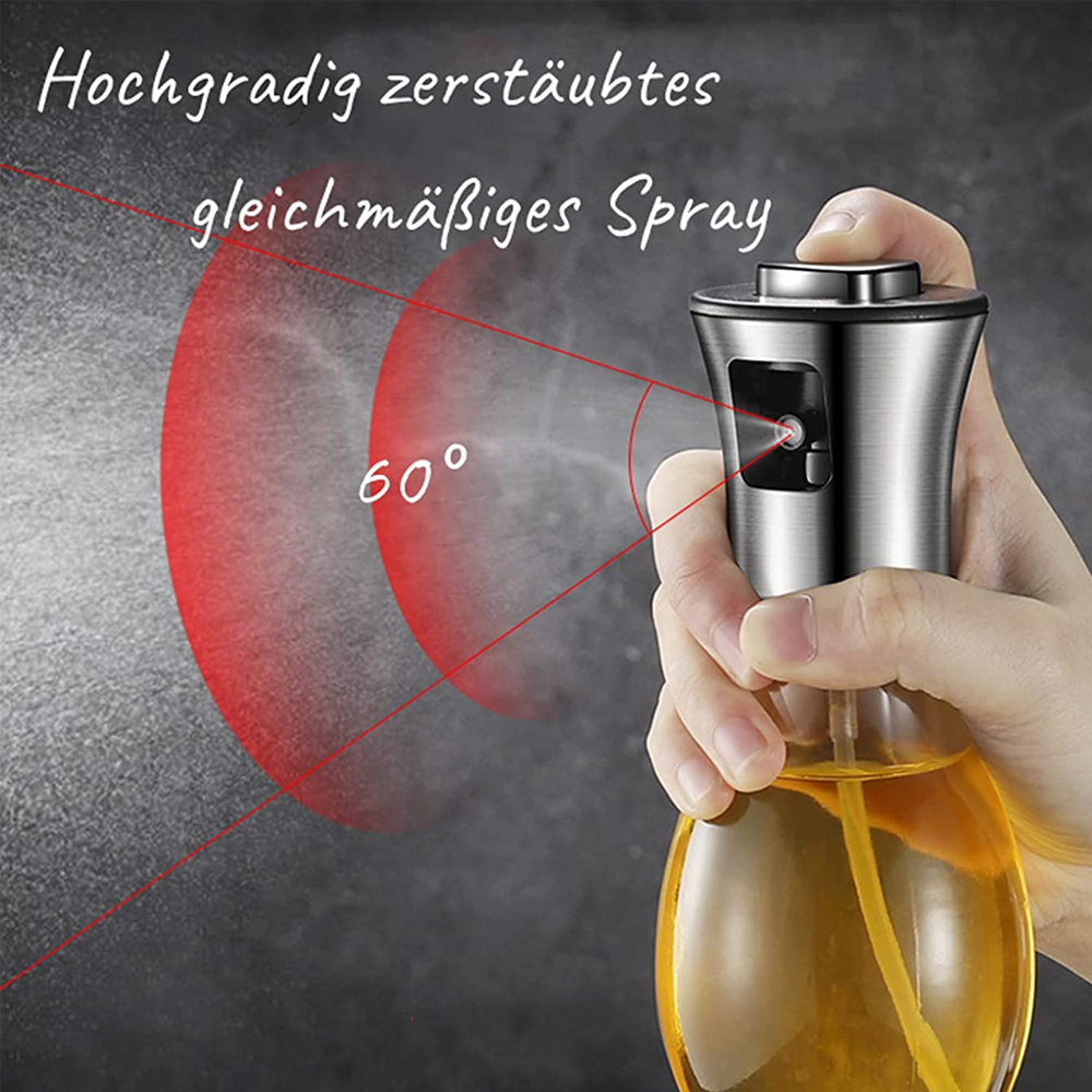 Hand hält Sprühflasche, sprüht in einem 60-Grad-Winkel. Die Flasche ist aus Glas und mit gelber Flüssigkeit gefüllt. Text oben.