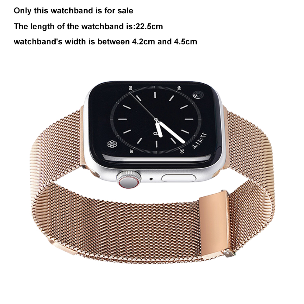 Ein roségoldenes Uhrenarmband mit metallischem Mesh-Design wird mit einem silbernen Zifferblatt angezeigt.