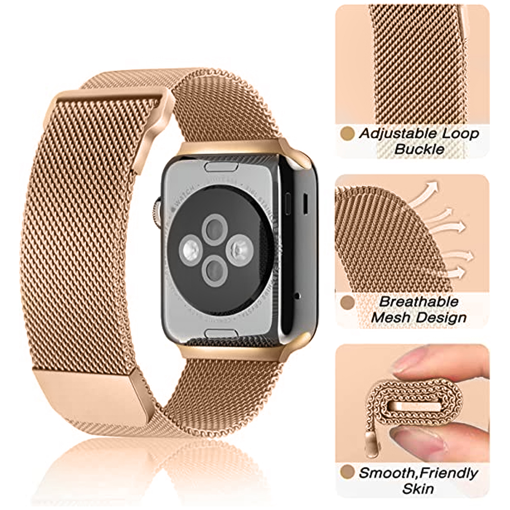Eine roségoldene Apple Watch mit Mesh-Armband. Details zeigen eine verstellbare Schnalle, atmungsaktives Mesh-Design und glatte, hautfreundliche Oberfläche.