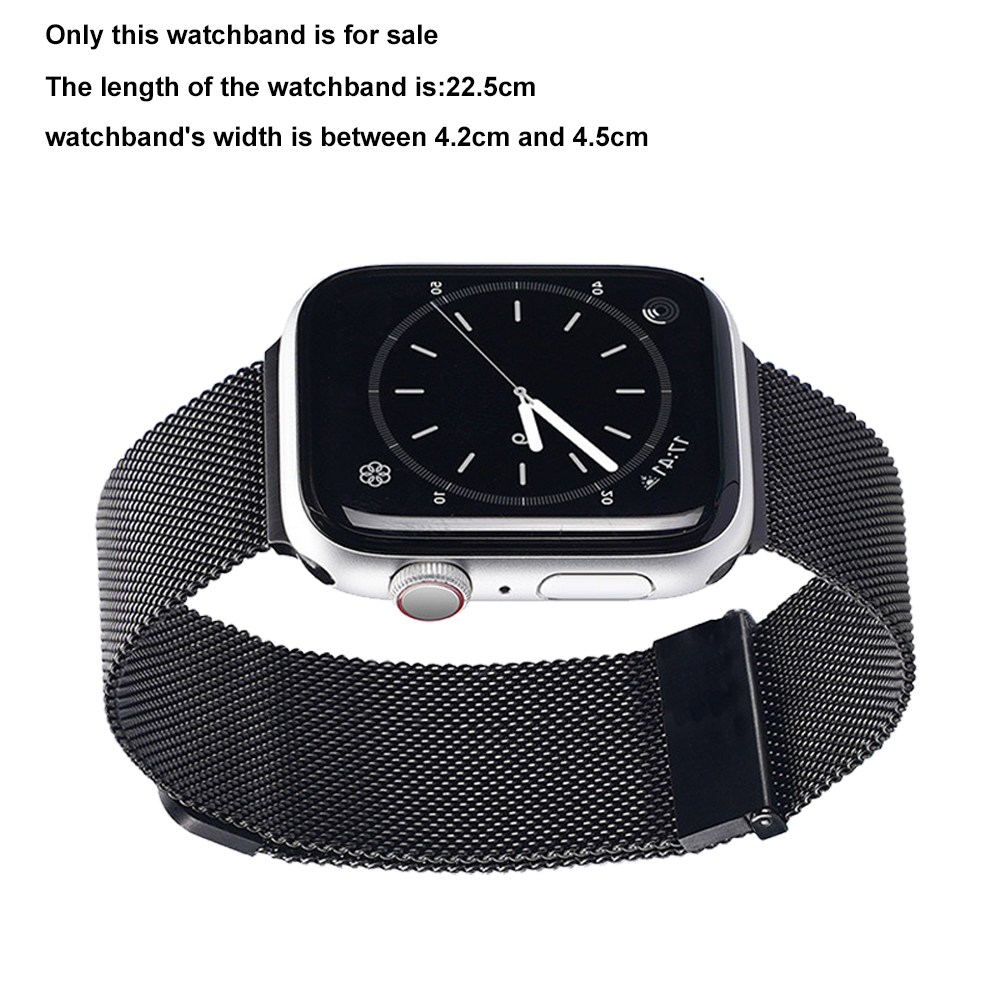 Schwarzes Uhrenarmband mit silbernem Zifferblatt. Die Uhr zeigt die Zeit an. Text oben zeigt Bandlänge und -breite.