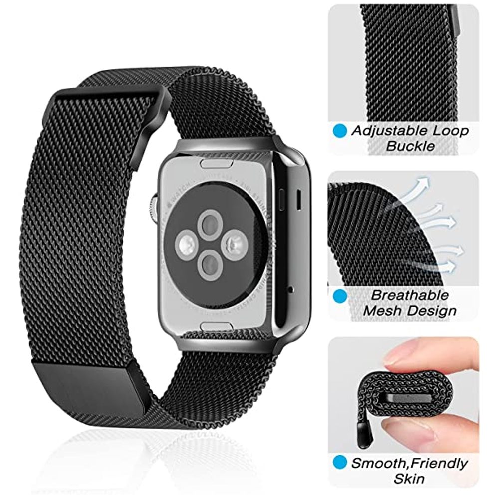 Schwarze Apple Watch mit Mesh-Armband. Details umfassen verstellbare Schnalle, atmungsaktives Mesh-Design und glatte, hautfreundliche Oberfläche.