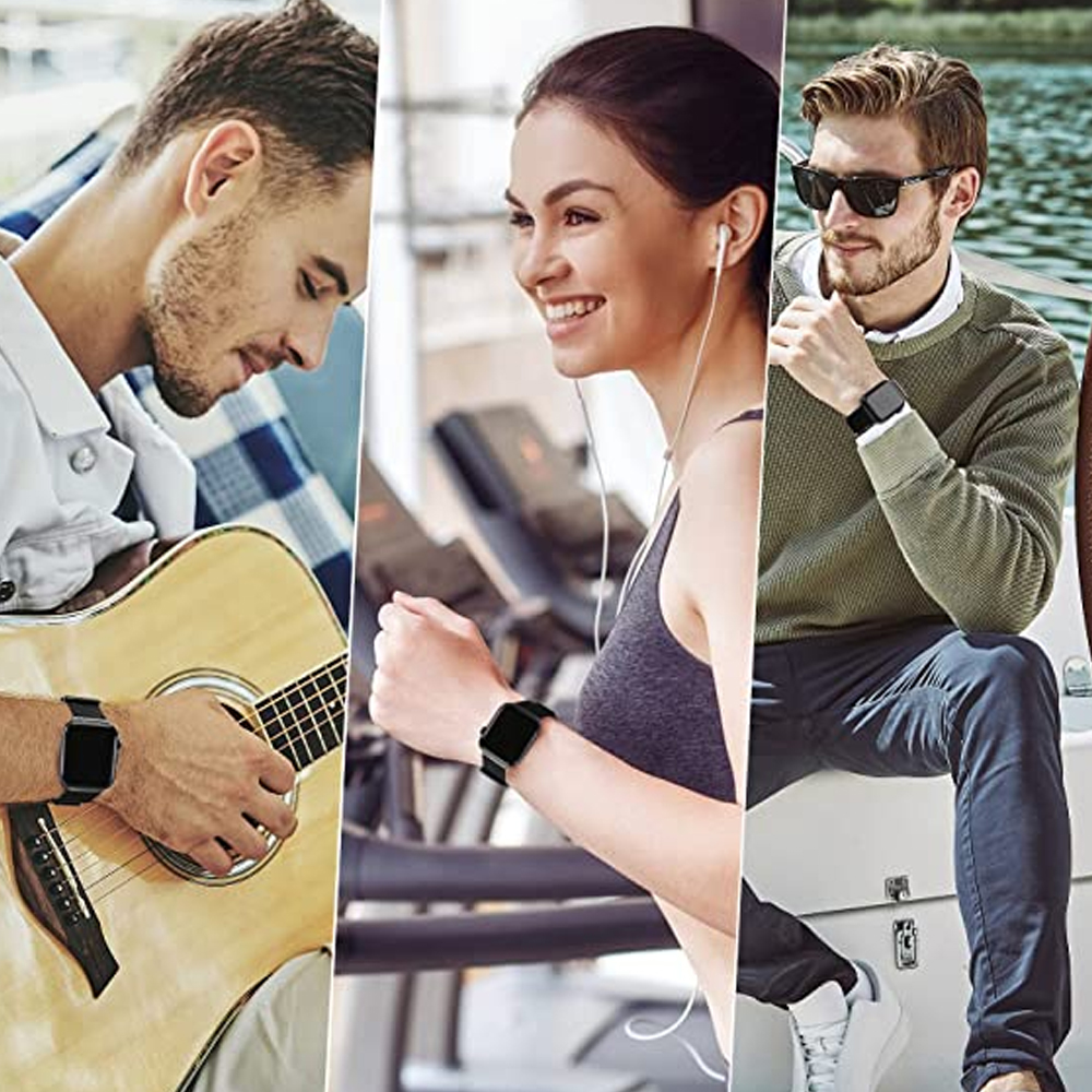 Drei Personen mit Smartwatches. Einer spielt Gitarre, einer läuft auf einem Laufband und einer sitzt auf einem Boot.