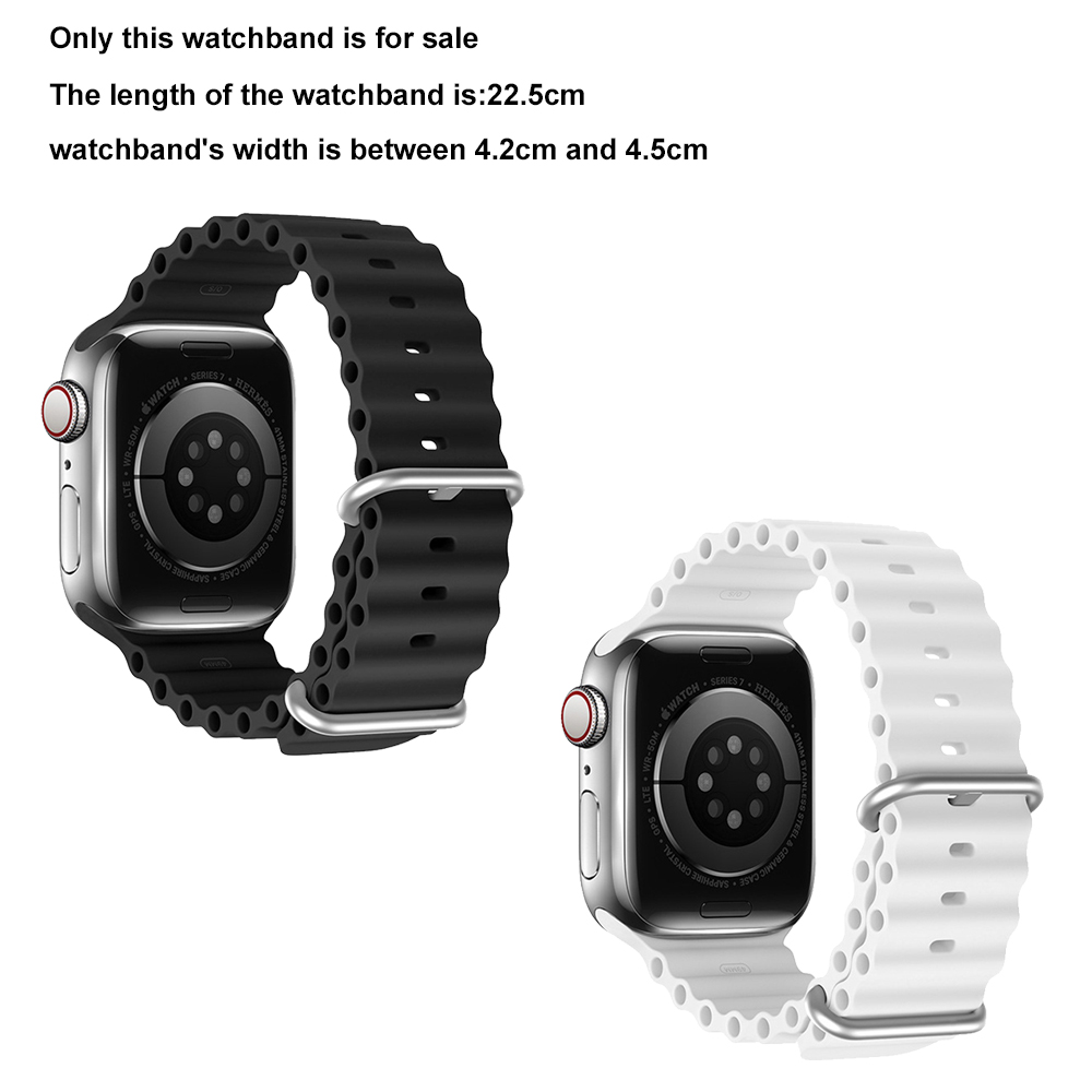 Zwei Smartwatches mit Armbändern. Eine hat ein schwarzes Armband, die andere ein weißes. Details zur Länge und Breite des Armbands sind angegeben.