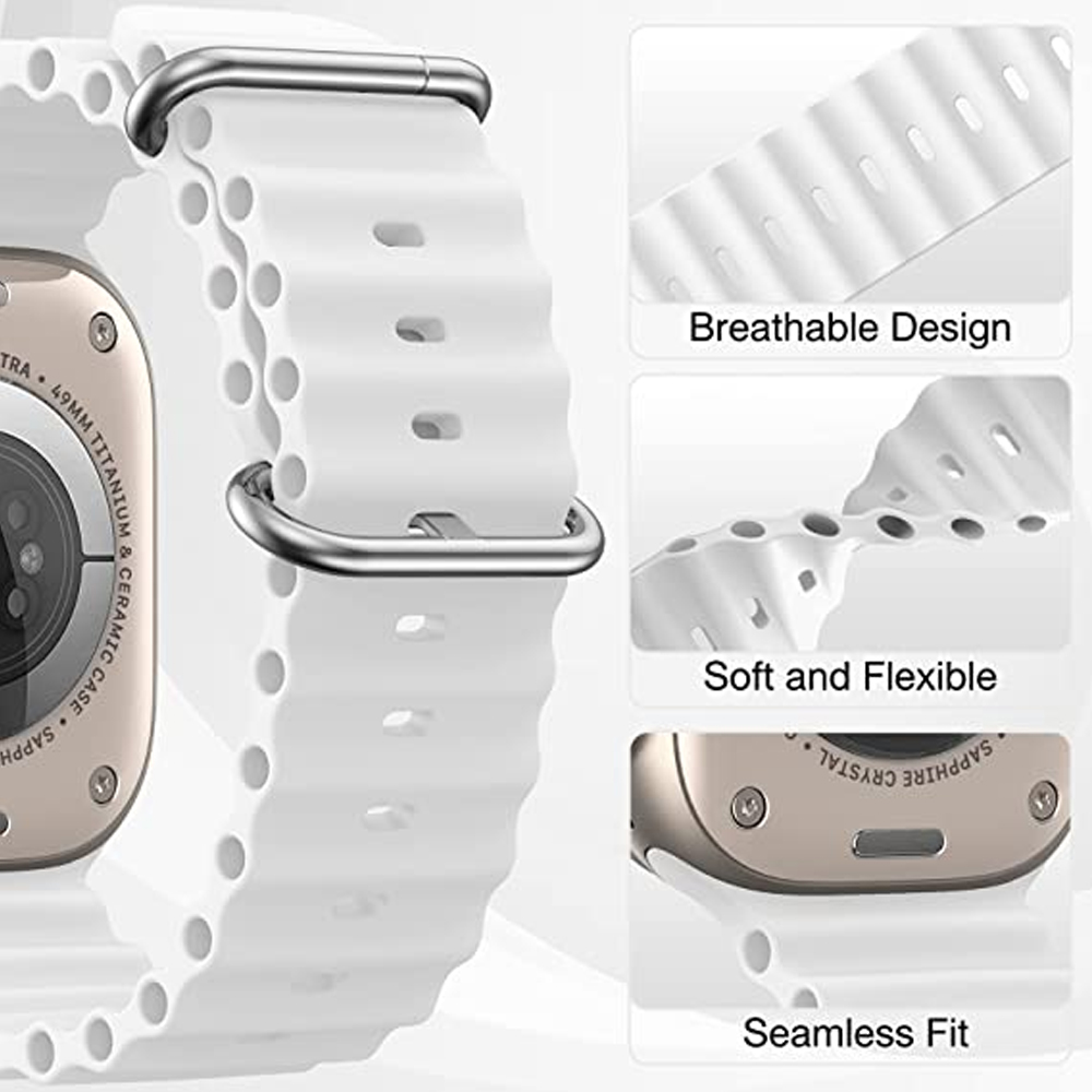 Ein weißes Armband für eine Smartwatch mit atmungsaktivem Design und nahtloser Passform. Details umfassen die Zifferblatt und die Flexibilität des Armbands.