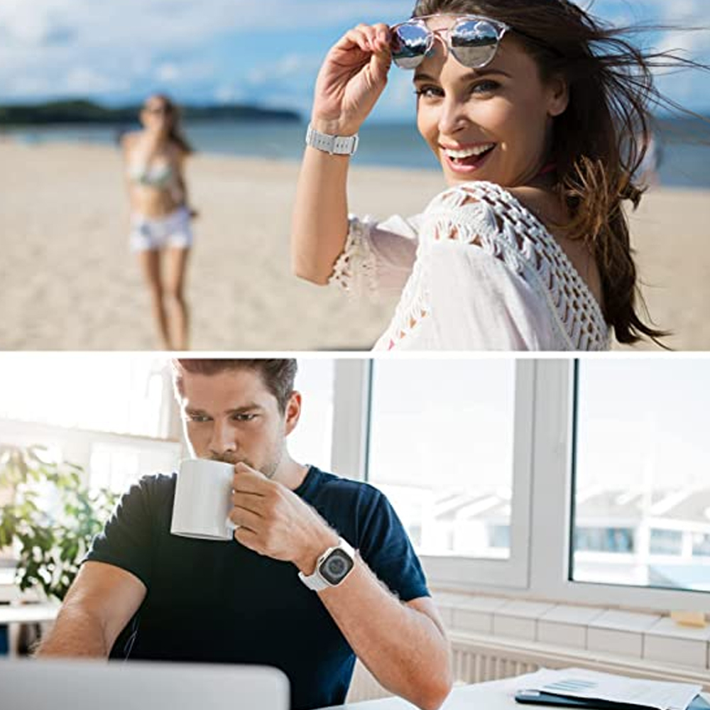 Oben: Frau am Strand hält Sonnenbrille. Unten: Mann am Schreibtisch trinkt aus einer Tasse.