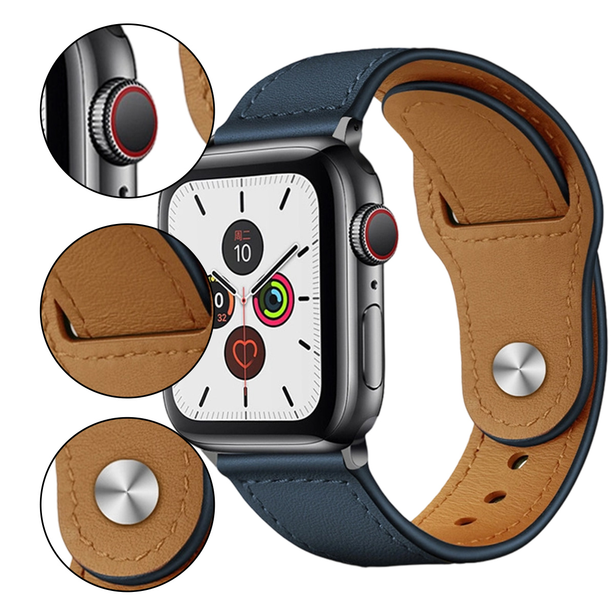 Nahaufnahme einer Smartwatch mit blauem Lederarmband und brauner Innenseite. Details der Uhr und des Armbands werden hervorgehoben.