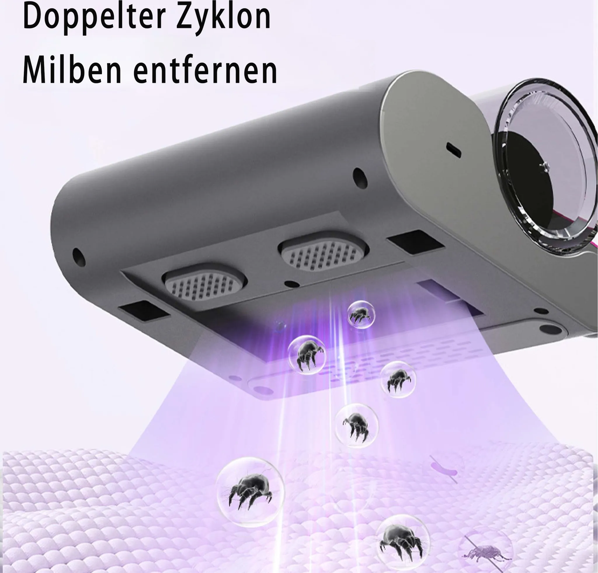 Ein Gerät entfernt Hausstaubmilben. Das Gerät ist grau. Staubmilben befinden sich in Blasen über einem violetten Stoff.