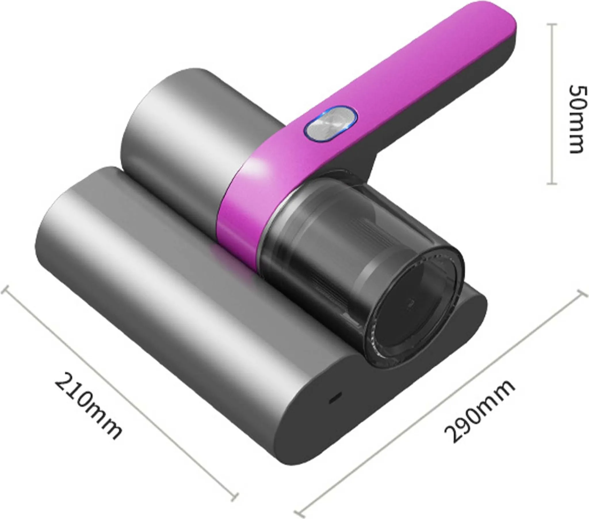 Kabelloser Staubsauger. Graue Basis und Zylinder, mit pinkfarbenem Griff. Abmessungen sind mit Pfeilen und Zahlen dargestellt.