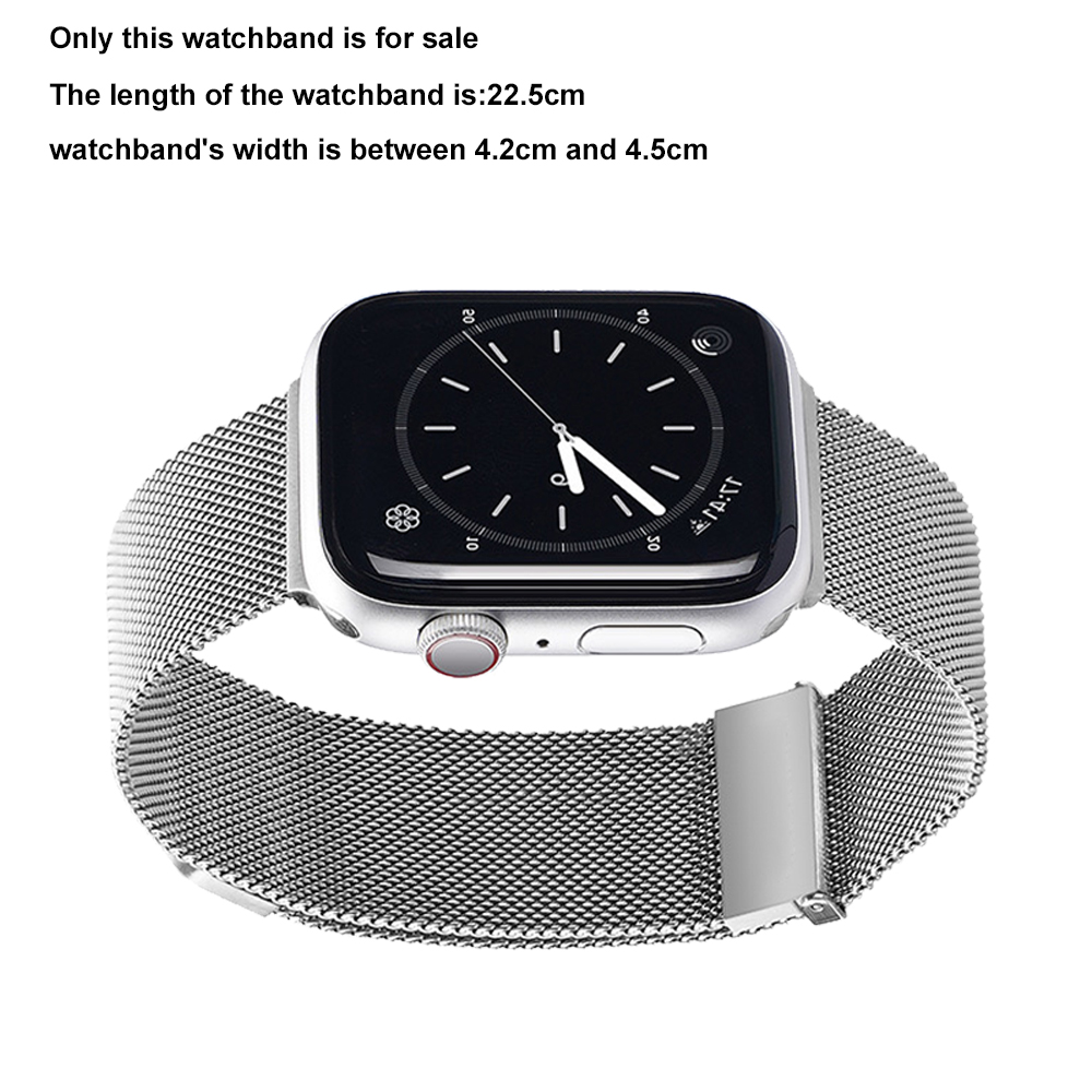 Eine silberne Uhr mit Mesh-Armband wird gezeigt. Das Zifferblatt ist schwarz mit weißen Zeigern und Markierungen. Das Armband ist verbunden.