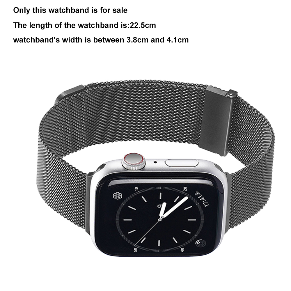 Eine silberne Apple Watch mit einem dunkelgrauen Mesh-Armband. Das Zifferblatt zeigt die Uhrzeit an. Text sagt, es ist zu verkaufen.