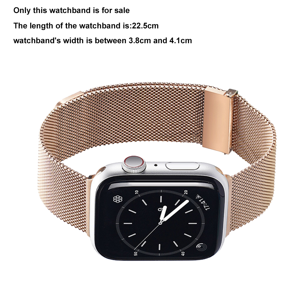 Ein roségoldenes Uhrenarmband mit silbernem Zifferblatt, das die Uhrzeit anzeigt. Das Armband ist netzartig, der Hintergrund ist weiß.