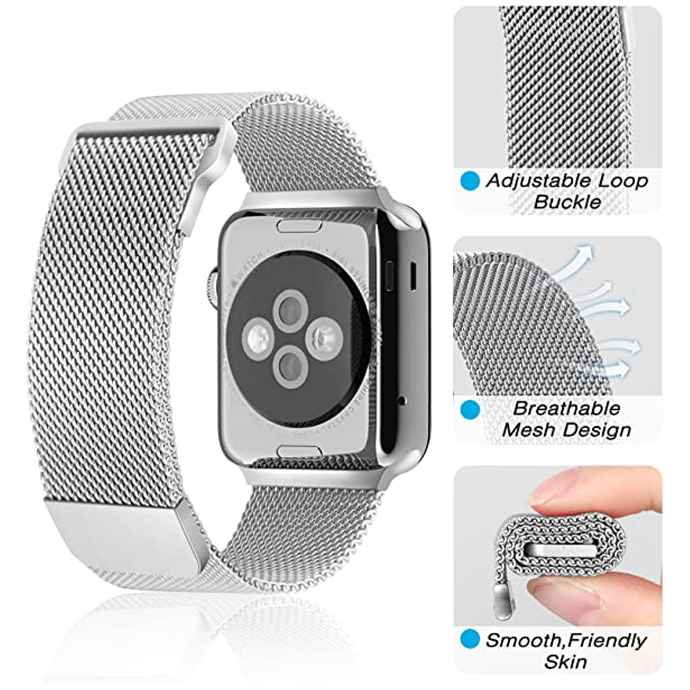 Silberne Apple Watch mit Mesh-Armband. Details umfassen eine verstellbare Schnalle, atmungsaktives Mesh-Design und glatten Hautkontakt.