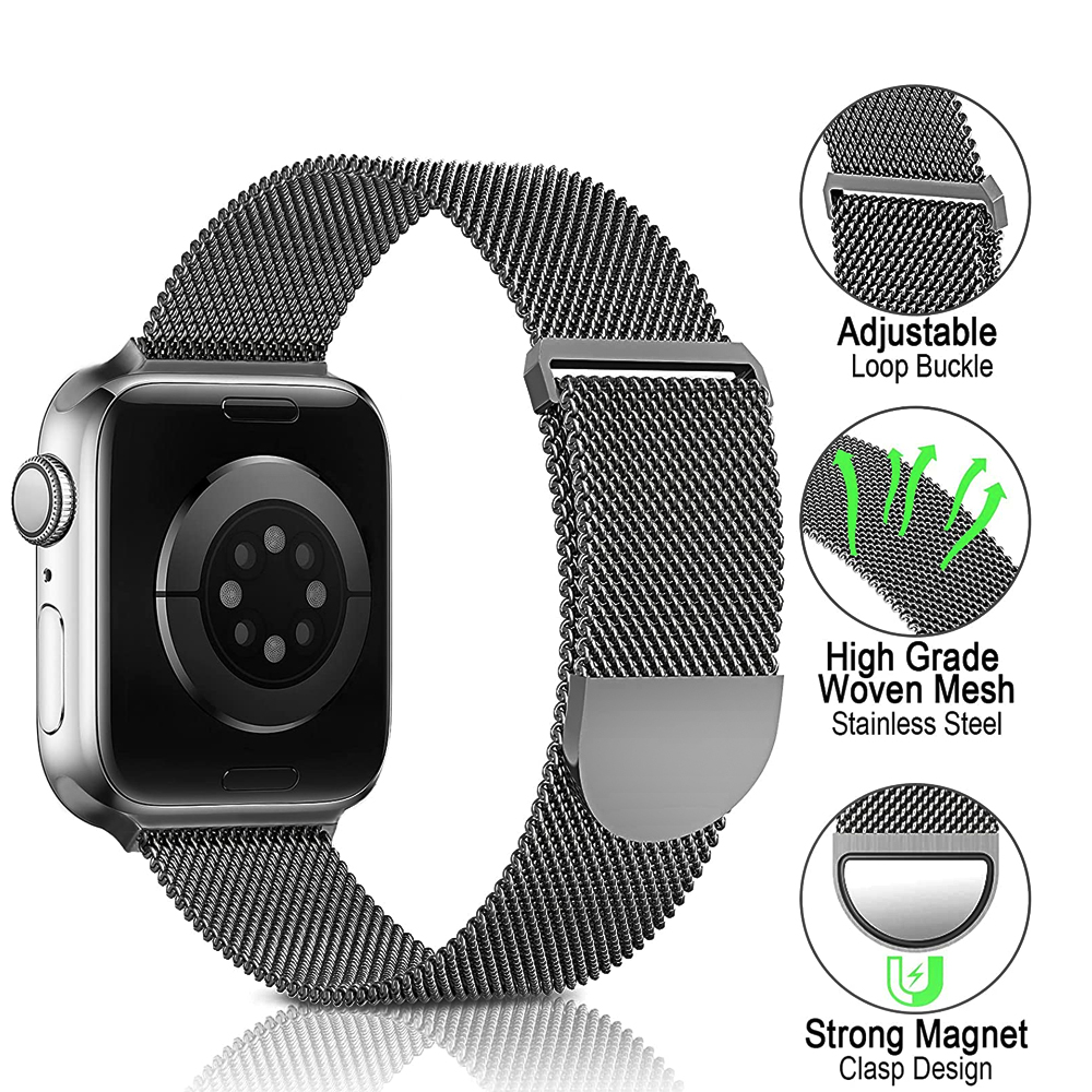 Metall-Mesh-Armband mit Apple Watch. Merkmale umfassen verstellbare Schnalle, gewebtes Mesh und einen starken Magnetverschluss.