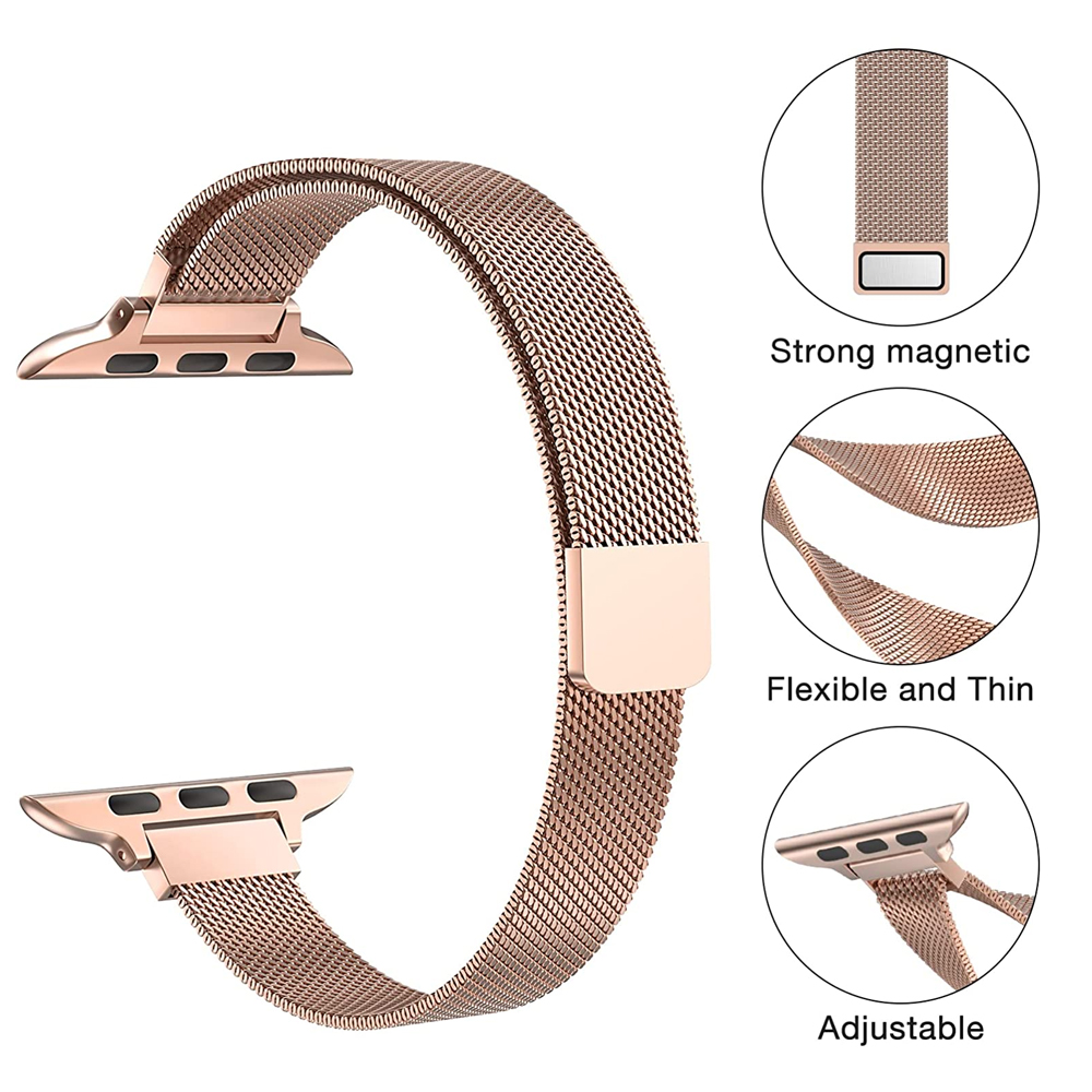 Ein roségoldenes Mesh-Armband. Es ist flexibel und dünn, mit einem starken Magnetverschluss und ist verstellbar.