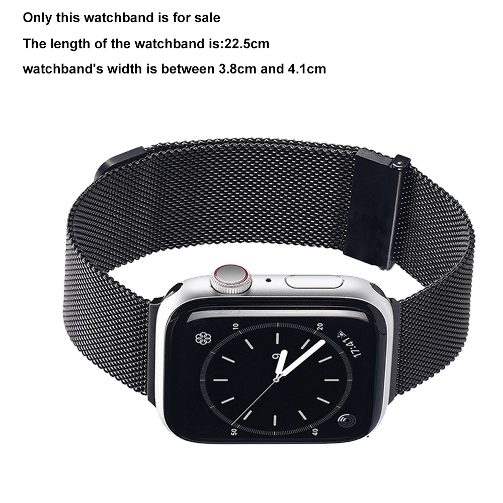 Ein schwarzes Armband wird mit einem silbernen Zifferblatt gezeigt. Das Armband ist im Mesh-Stil gehalten und hat einen Verschluss. Die Uhrzeit ist 17:41.