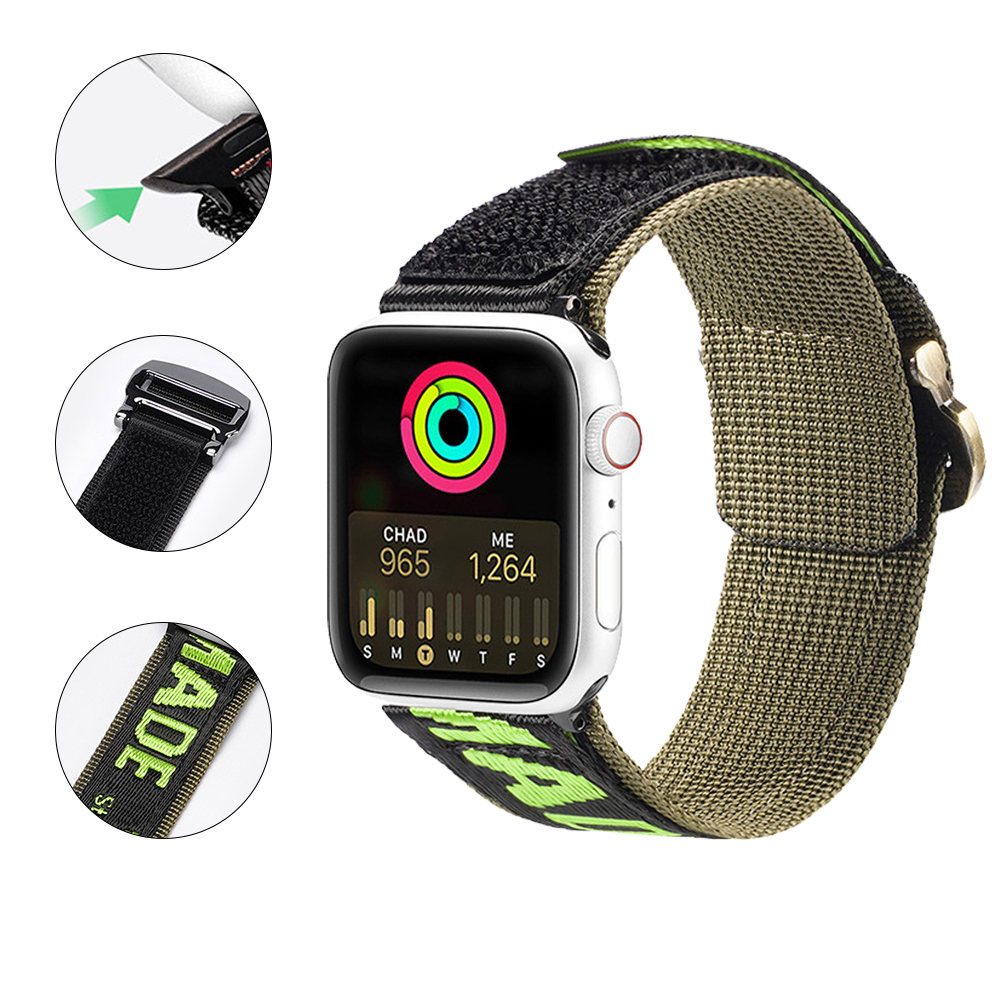 Eine Apple Watch mit grünem und schwarzem Armband. Details umfassen Schnalle, Bandtext und Nahaufnahme des Bands.