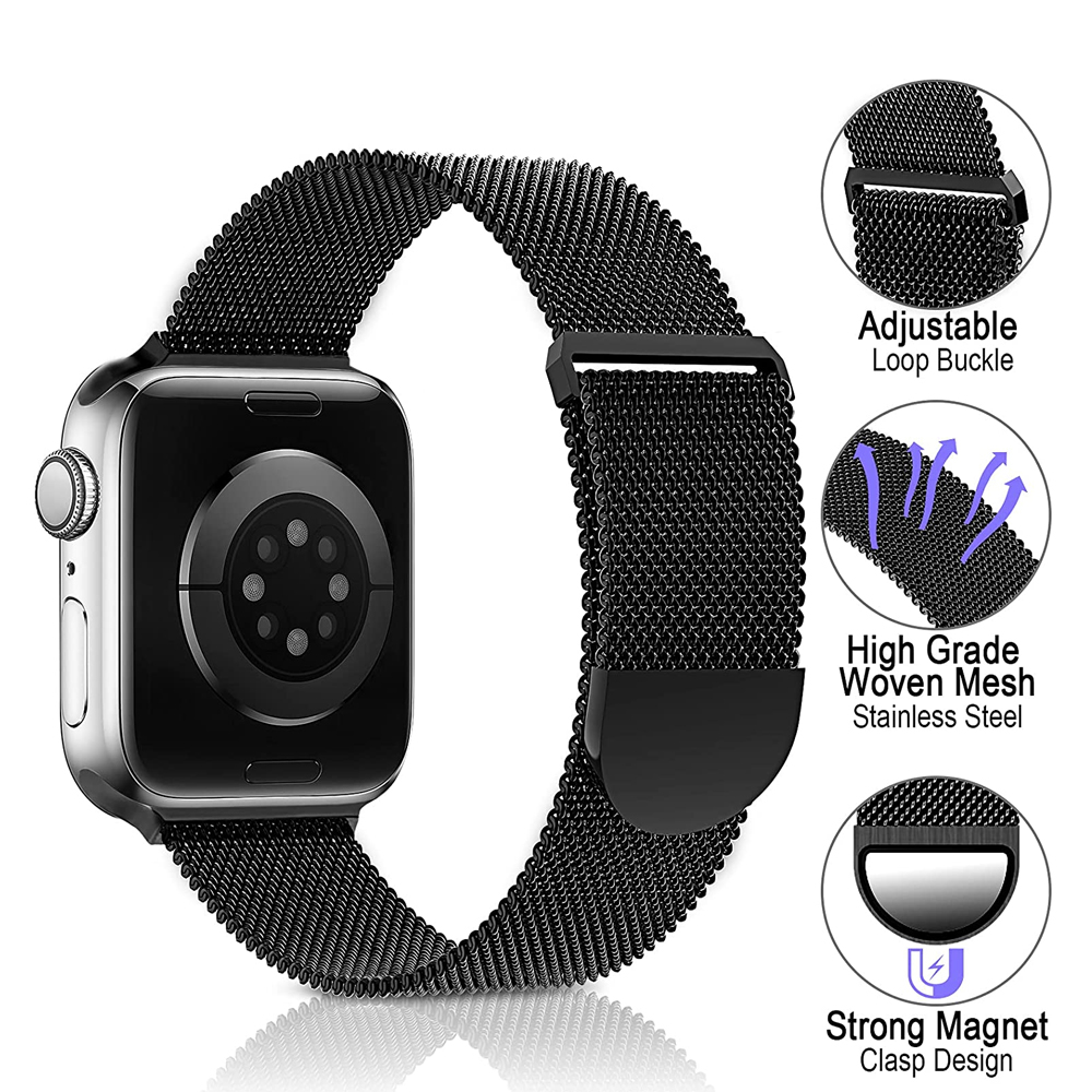 Schwarzes Edelstahl-Apple Watch-Armband mit verstellbarer Schnalle, gewebtem Netz und starkem Magnetverschluss.