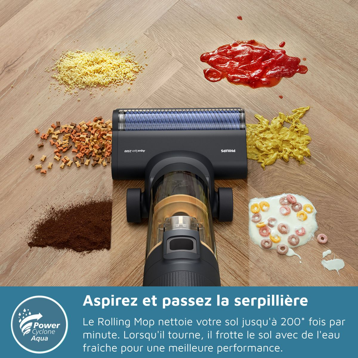 Un aspirapolvere con macchie di cibo su un pavimento in legno. Cereali, salsa, polvere e briciole sparse circondano l'aspirapolvere.
