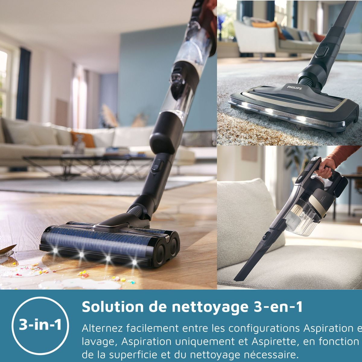 Un aspirapolvere Philips 3 in 1 è mostrato in varie modalità. Sta pulendo un pavimento in legno e un tappeto. L'immagine mostra il prodotto.