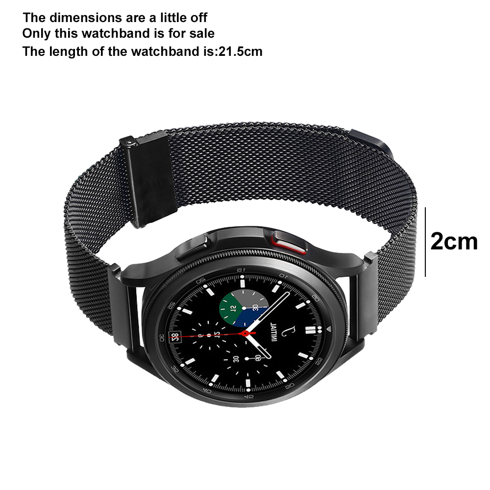 Eine schwarze Smartwatch mit Mesh-Armband wird gezeigt. Das Zifferblatt zeigt Zahlen und Zeiger. Eine 2cm-Messung ist daneben.