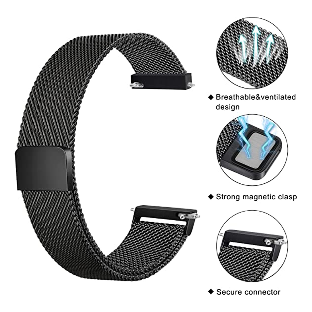 Schwarzes Uhrenarmband mit Mesh-Design. Merkmale sind atmungsaktives Design, Magnetverschluss und sichere Verbinder.