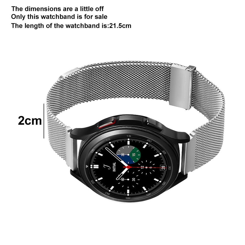 Ein silbernes Uhrenarmband ist an einer schwarzen Smartwatch befestigt. Das Zifferblatt zeigt die Zeit an. Neben dem Band ist ein 2cm Maß.