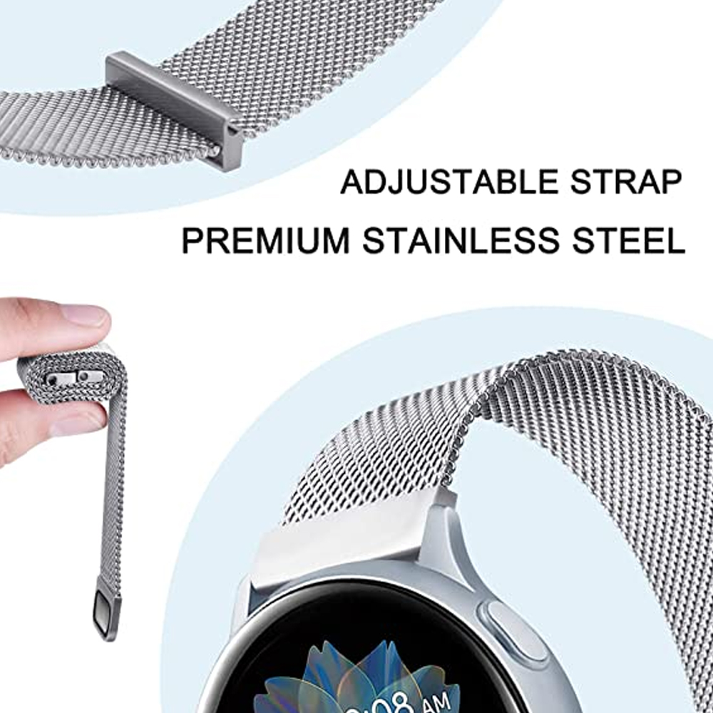 Nahaufnahme eines silbernen Uhrenarmbands mit den Worten „Adjustable Strap“ und „Premium Stainless Steel“. Eine Hand hält einen aufgerollten Abschnitt.