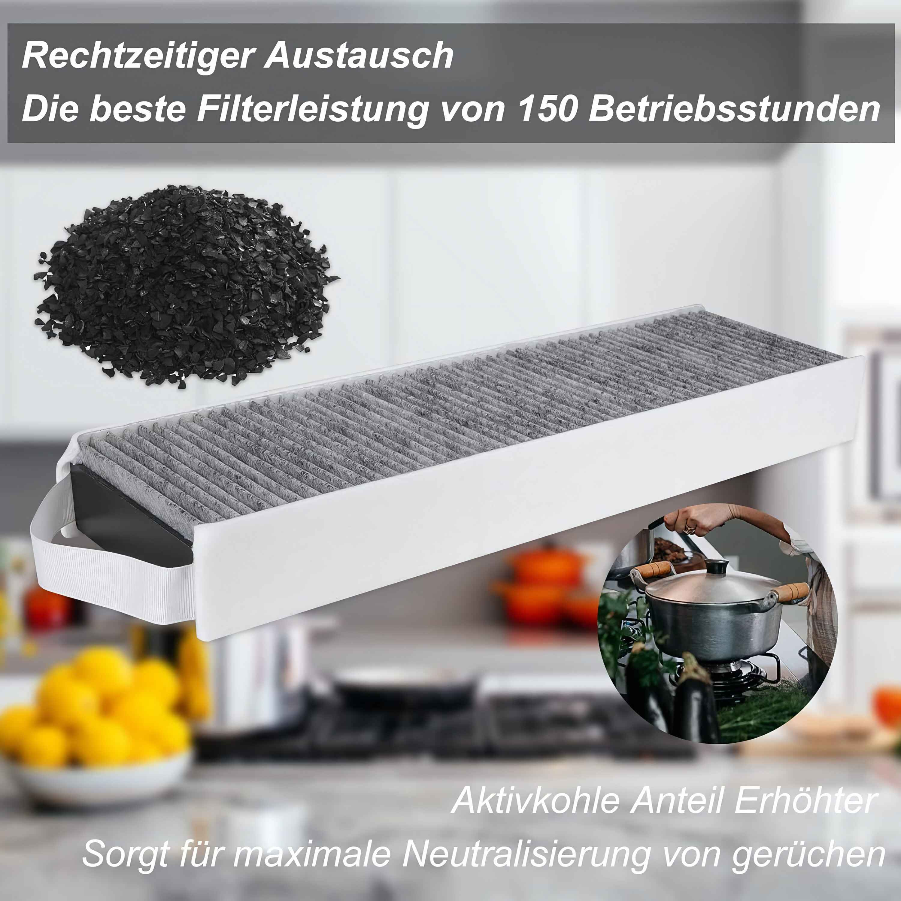 Das Bild zeigt einen Luftfilter, Holzkohle und eine kochende Person. Der Text wirbt für Geruchsneutralisierung und Filterleistung.