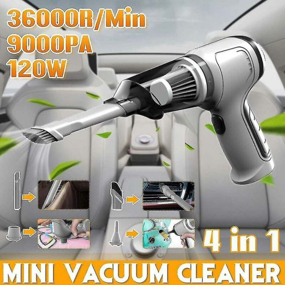 Ein tragbarer weiß-schwarzer Mini-Staubsauger mit 4-in-1-Funktionen. Text: 36000R/Min, 9000PA, 120W. Grüne Blätter. Autoinnenraum Hintergrund.